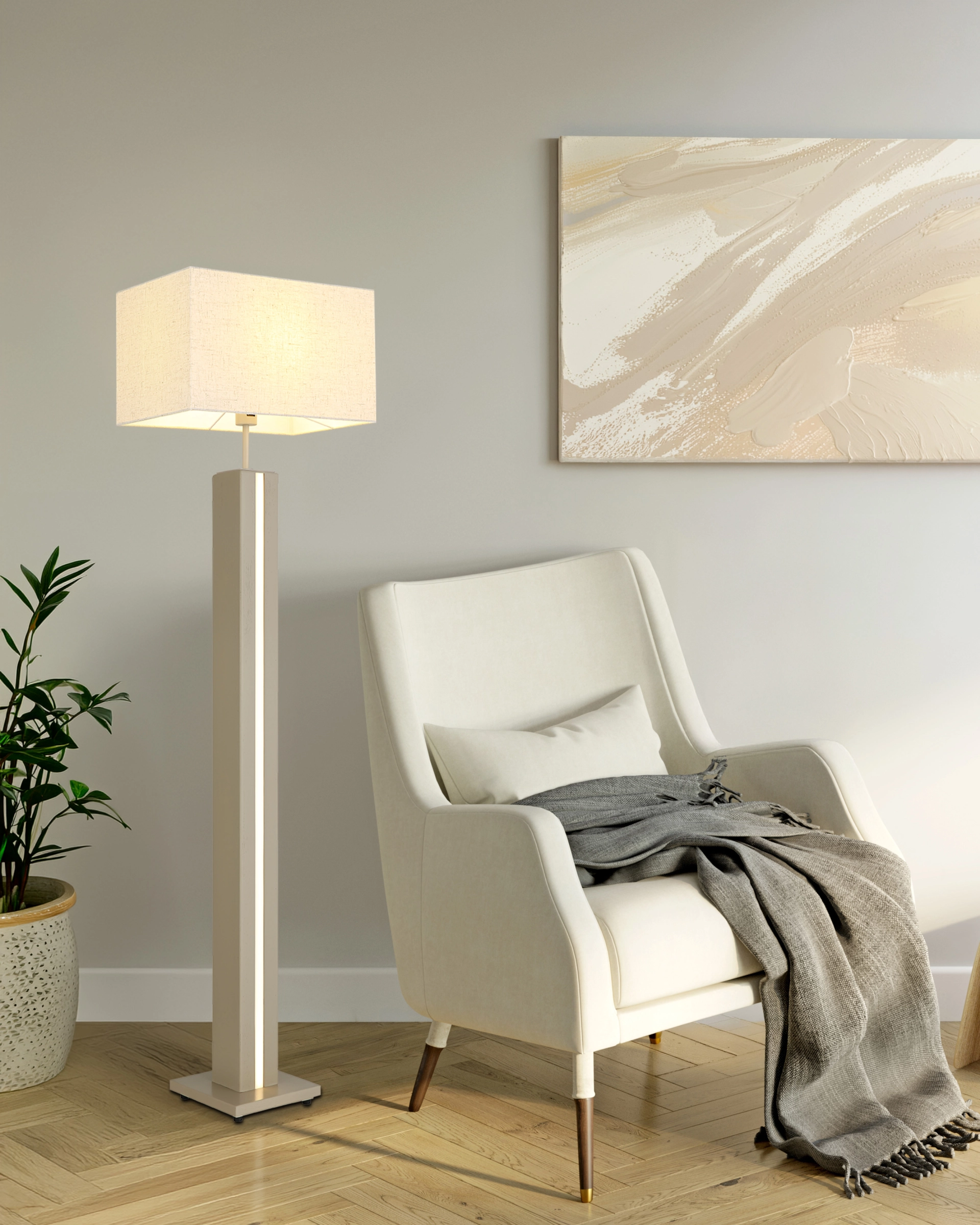 Wohnzimmer mit FOREST Stehleuchte von Globo Handels GmbH, eckiger Leinen-Schirm naturfarben, Standfuß aus MDF sandfarben matt, Modell 41130222; moderne Leseleuchte neben hellem Sessel auf Parkett