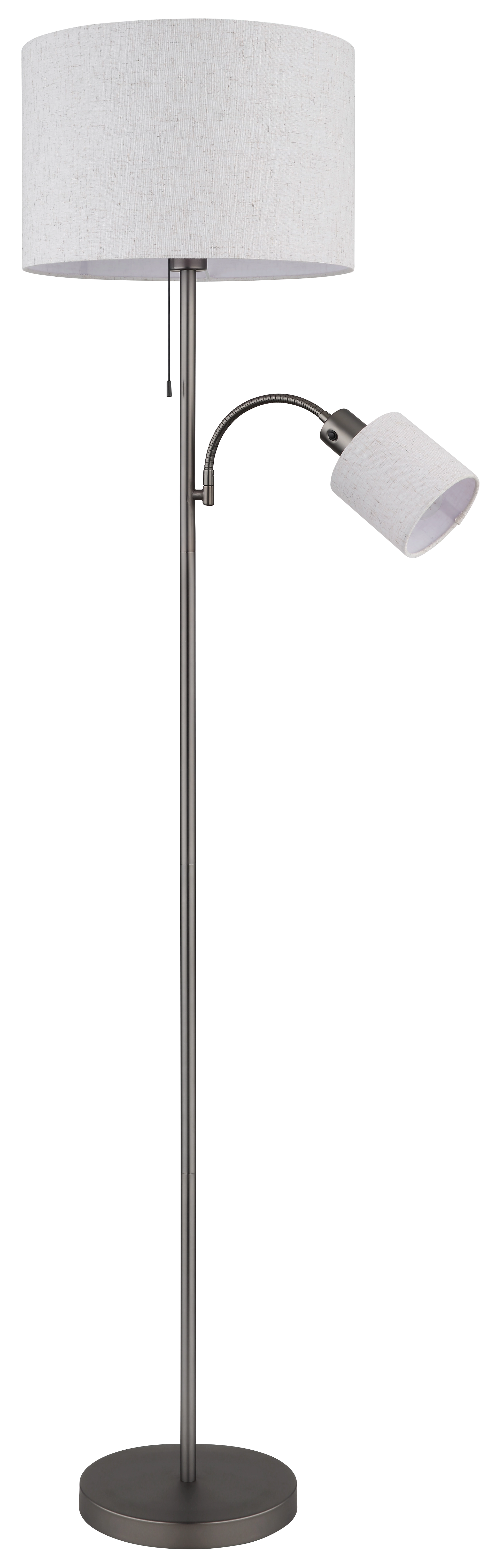 THEA Stehleuchte: Metall-Standsäule, mattes Schwarz-Chrom, cremefarbener Leinenschirm, verstellbare Leseleuchte