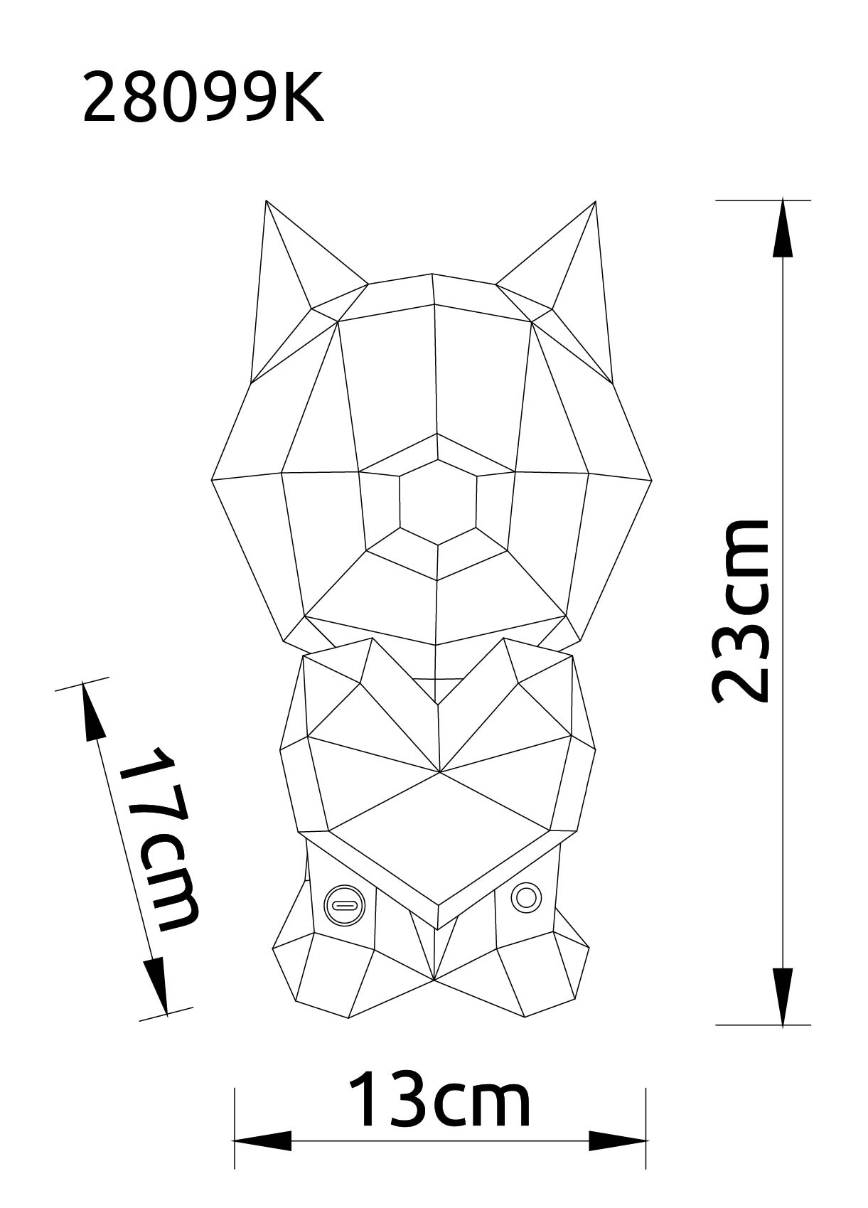 BRONDAR Tischleuchte von Globo Handels GmbH, Modell 28099K: technische Zeichnung der kristalloptischen Katzen-Leuchte aus Kunststoff, Maße H 23 cm, B 13 cm, T 17 cm, Varianten klar und rot, Produktansicht mit Anschluss-/Bedienelementen.