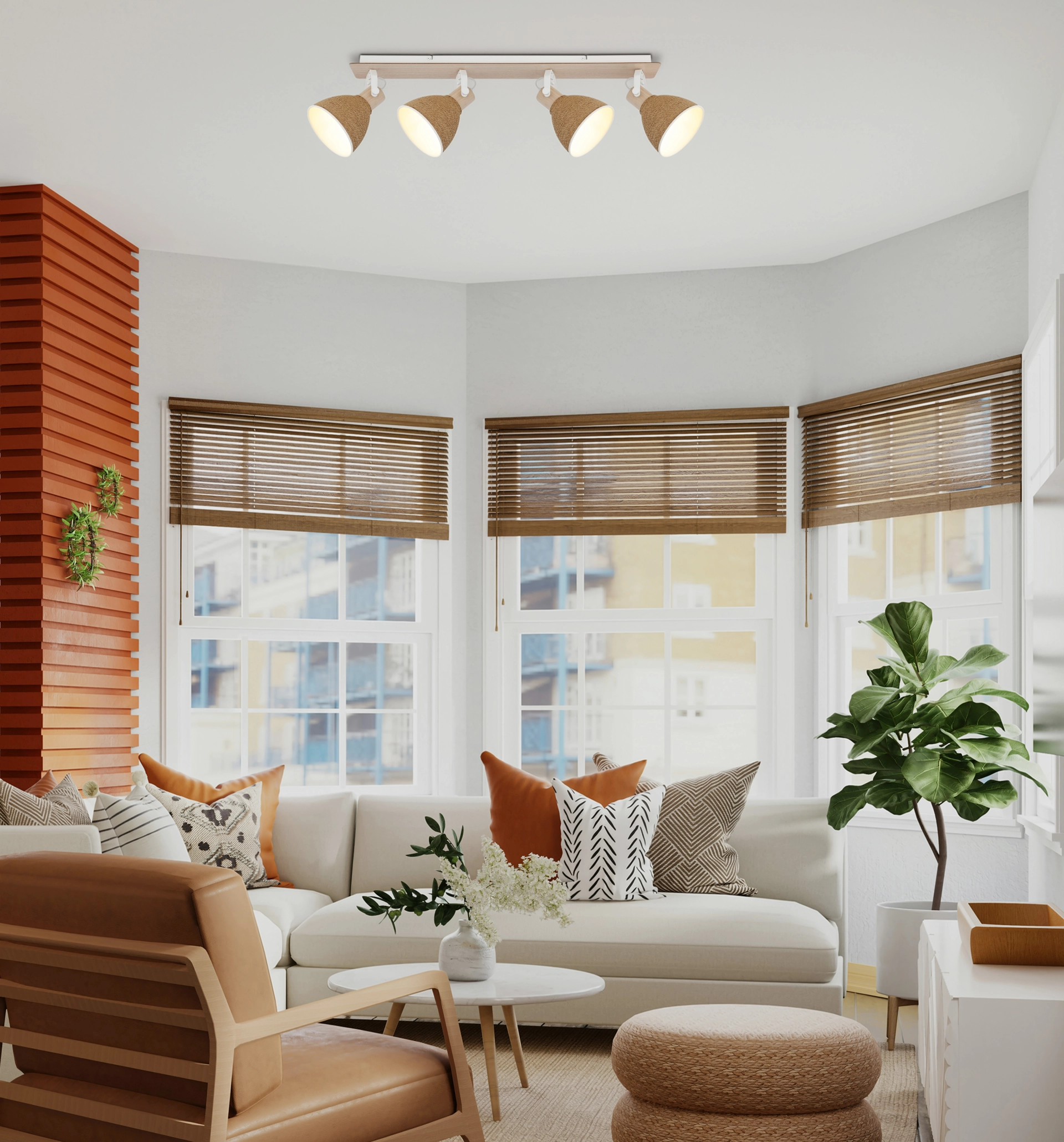 Living room with LYNDON ceiling spotlight: 4 adjustable heads, matt white metal, wood-look bar, paper cord shades – modern natural design by Globo Handels GmbH, model 16466-4