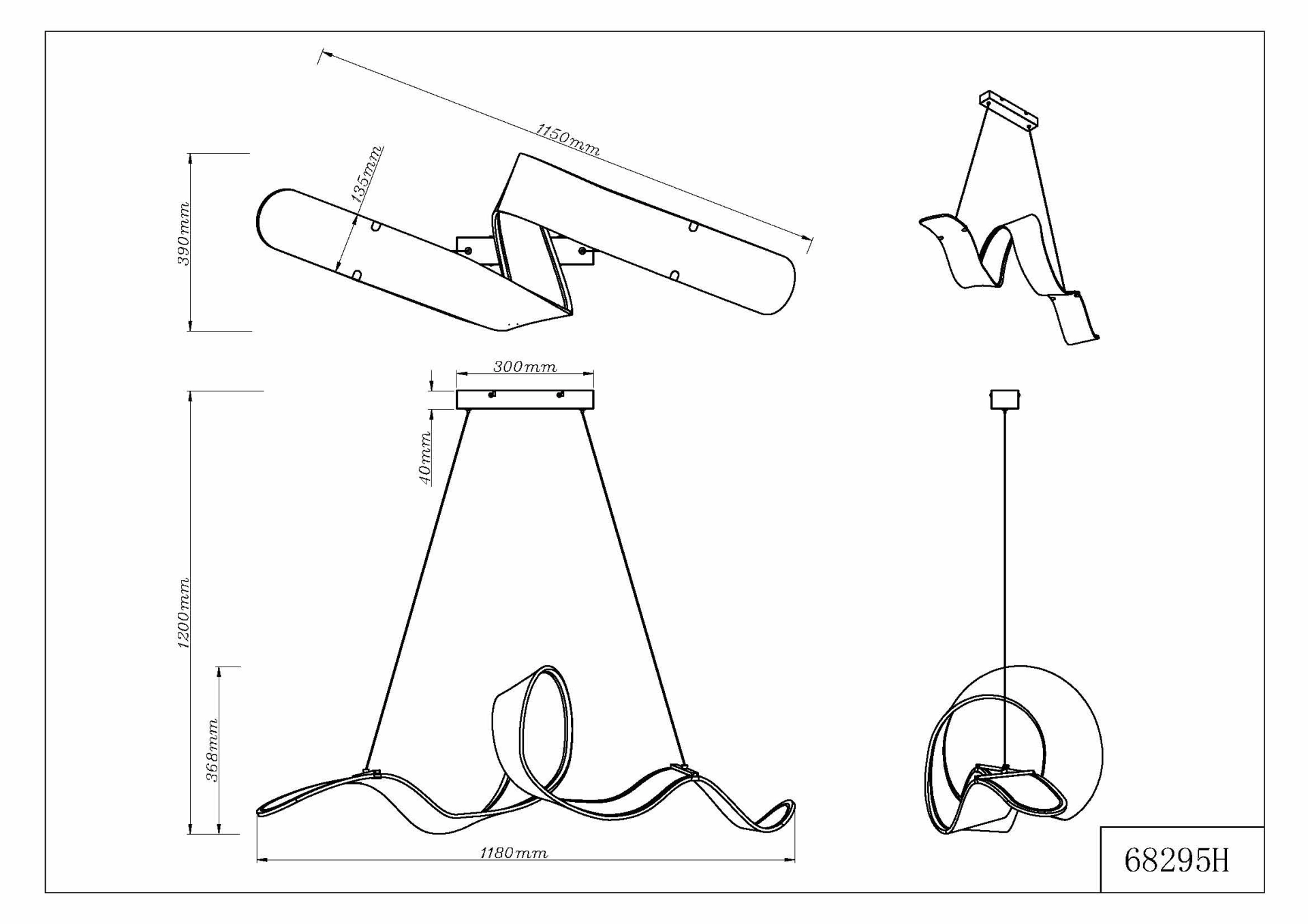 Technische Zeichnung der TAPIA Hängeleuchte 68295H von Globo Handels GmbH: geschwungene Pendelleuchte, Breite 1180 mm, max. Höhe 1200 mm, Material Metall schwarz matt und Acryl klar.