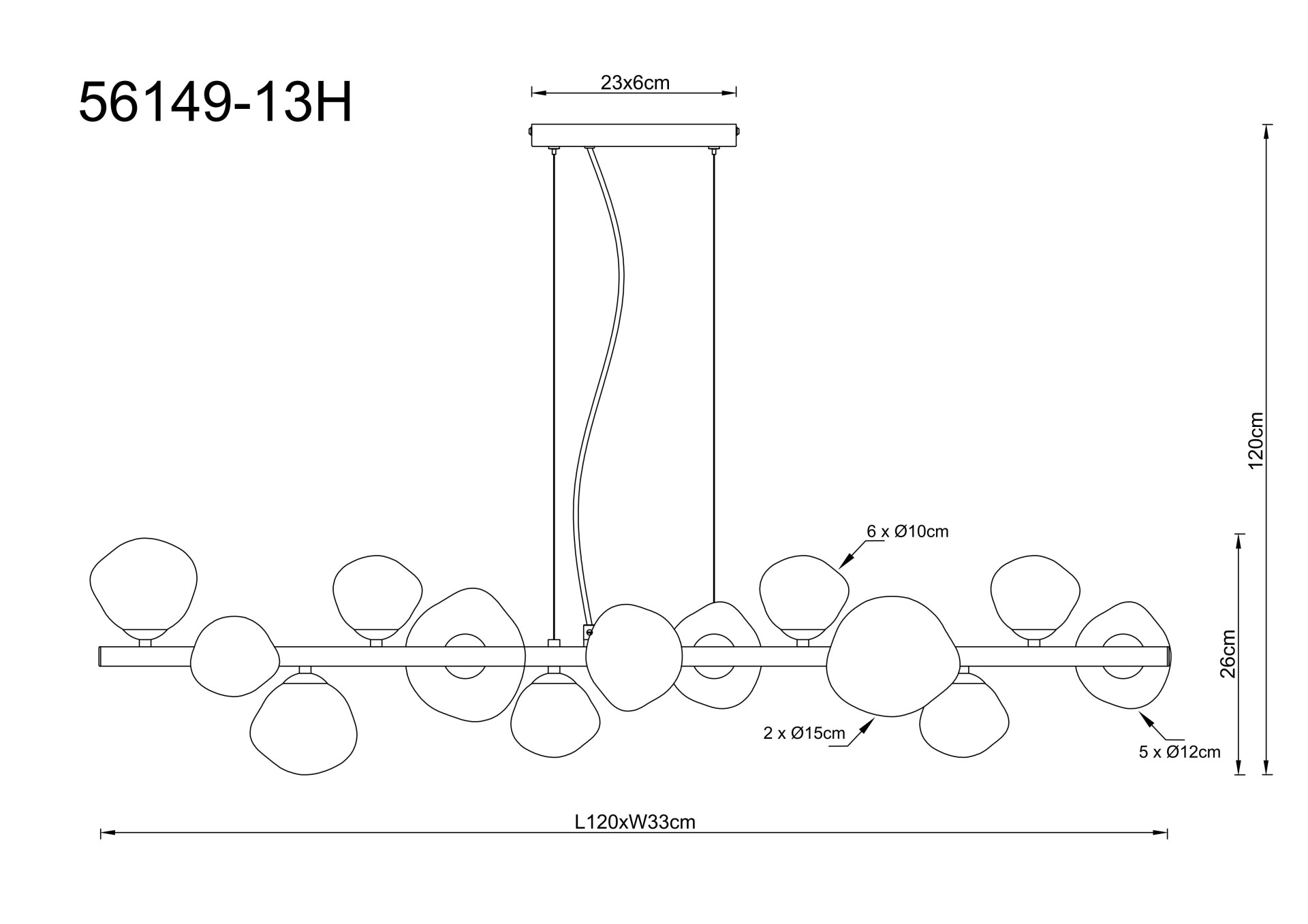 Technische Zeichnung der VELORA Hängeleuchte 56149-13H von Globo Handels GmbH: Metall schwarz matt, Glas rauchfarben; Maße L120 x B33 x H120 cm; Schirmgrößen Ø10/12/15 cm; Baldachin 23x6 cm.