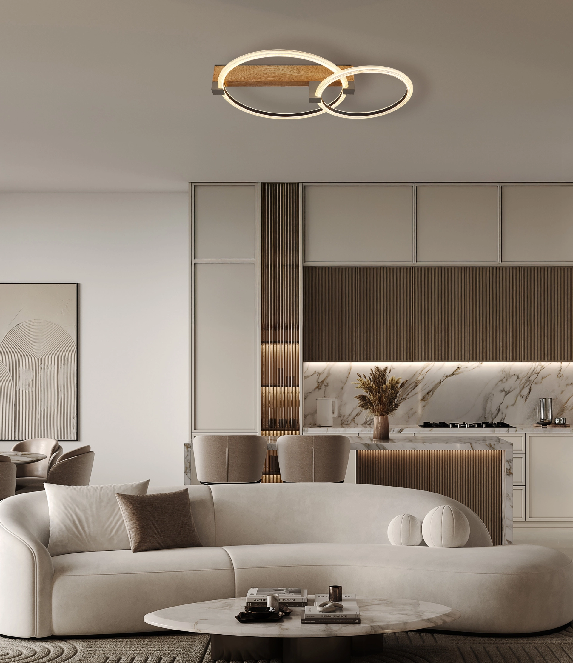 Salon avec plafonnier FLETCHER à double anneau, fini or mat et aspect bois; LED intégrée 24W, 3000K, 1920 lm; modèle 48050D1 de Globo Handels GmbH.