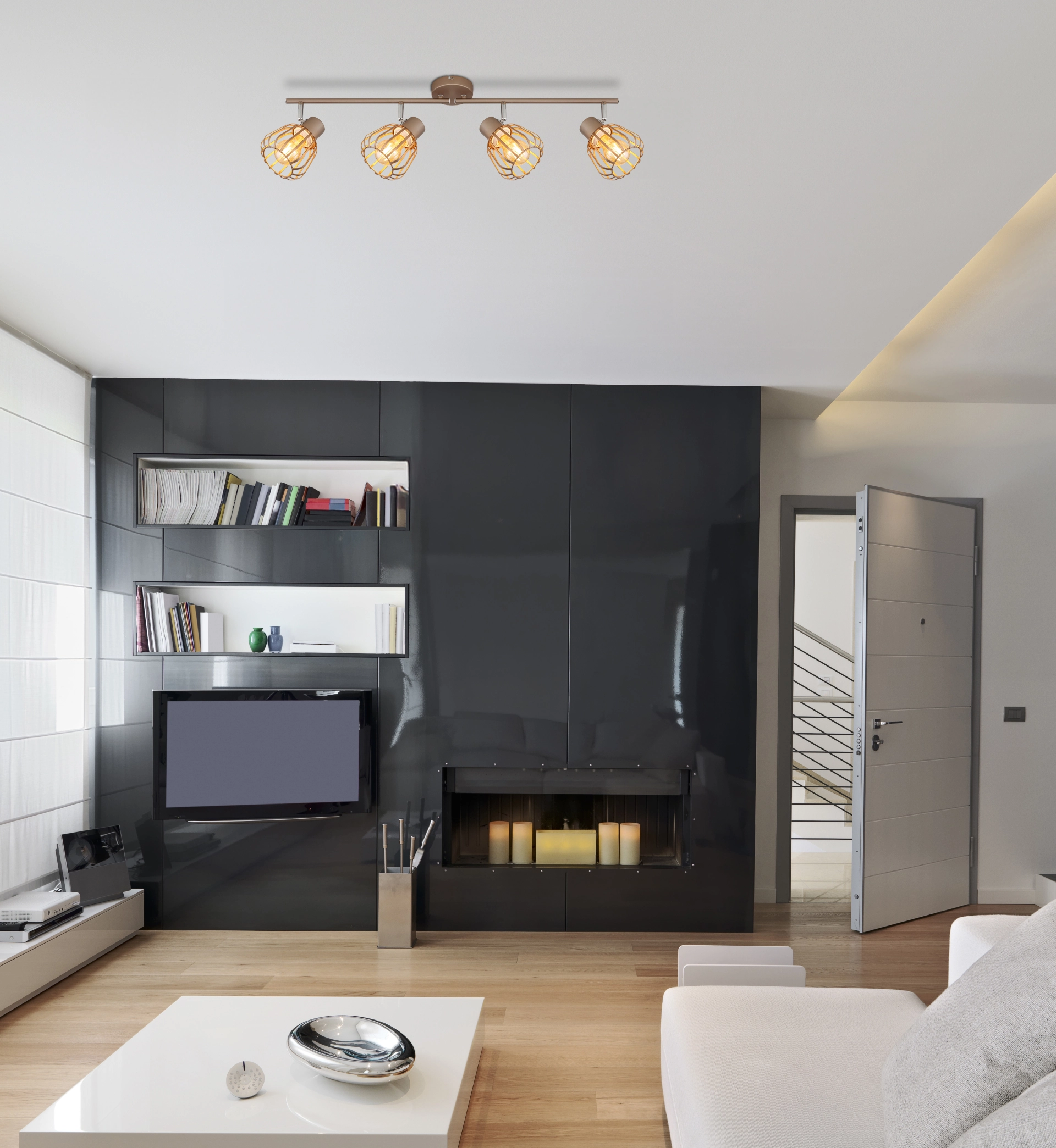 OLIN ceiling spotlight, 4 adjustable heads on straight rail; coffee-brown matte metal with chrome accents and mesh shades – stylish lighting for living spaces; Globo Handels GmbH 54663-4