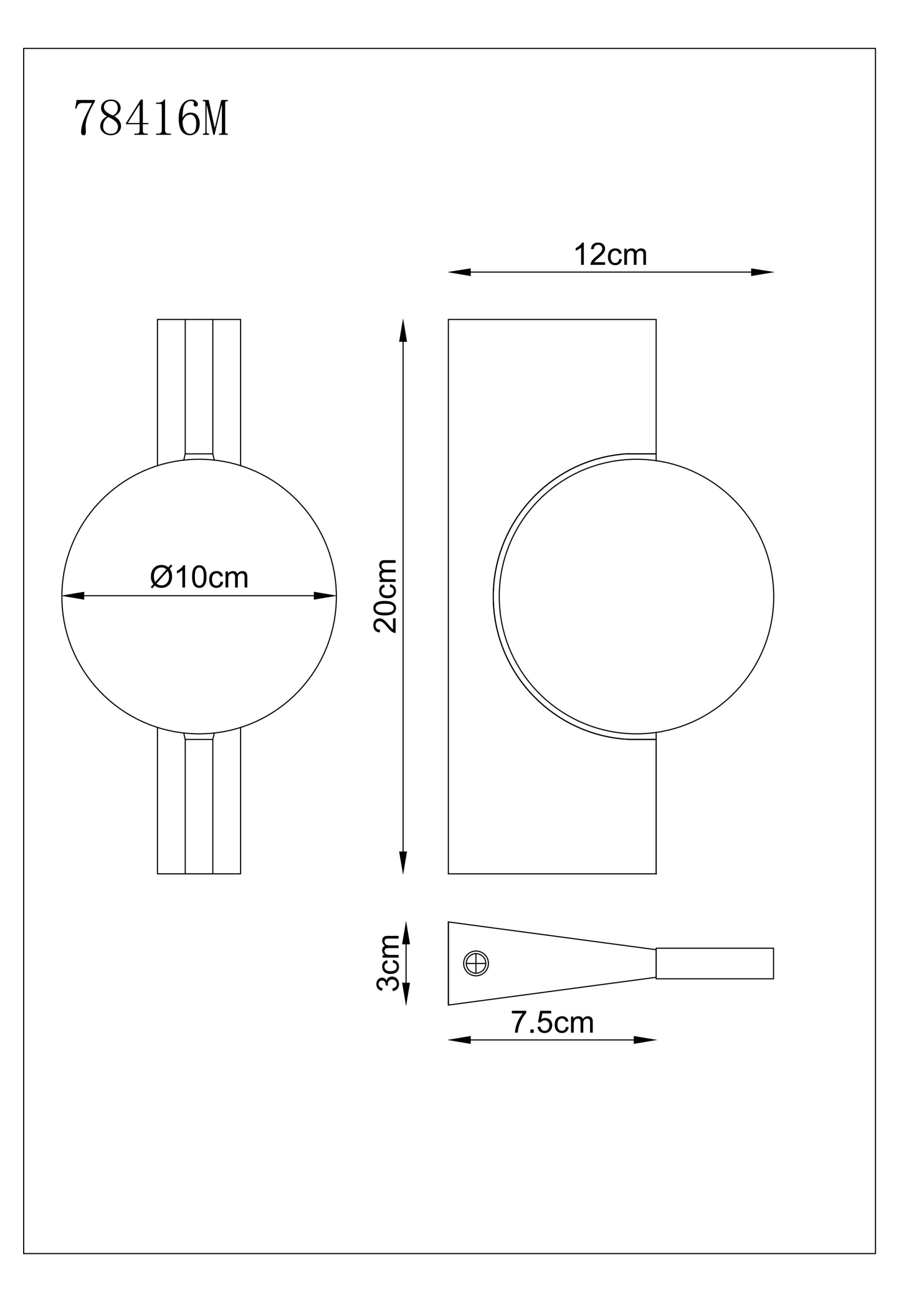 Technische Zeichnung: JASPER Wandleuchte von Globo Handels GmbH, Metall Messing matt, LED 3W 3000K für Innen, verstellbarer Lichtkegel; Maße: Höhe 20 cm, Breite 12 cm, Ø10 cm, Tiefe 7,5 cm, Elementhöhe 3 cm.