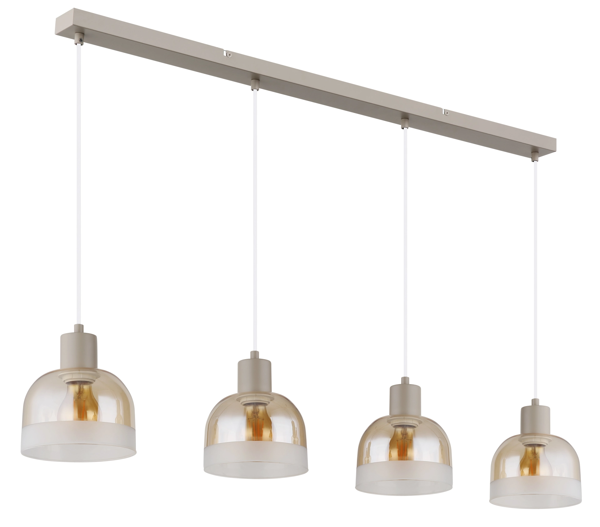 Bild der KAIRO Hängeleuchte von Globo Handels GmbH, 4-flammig, Balkenleuchte mit sandfarben mattem Metall und amberfarbenen Glas-Schirmen, Modell 54048-4HSA – modernes Pendellicht für Ess- und Küchentisch