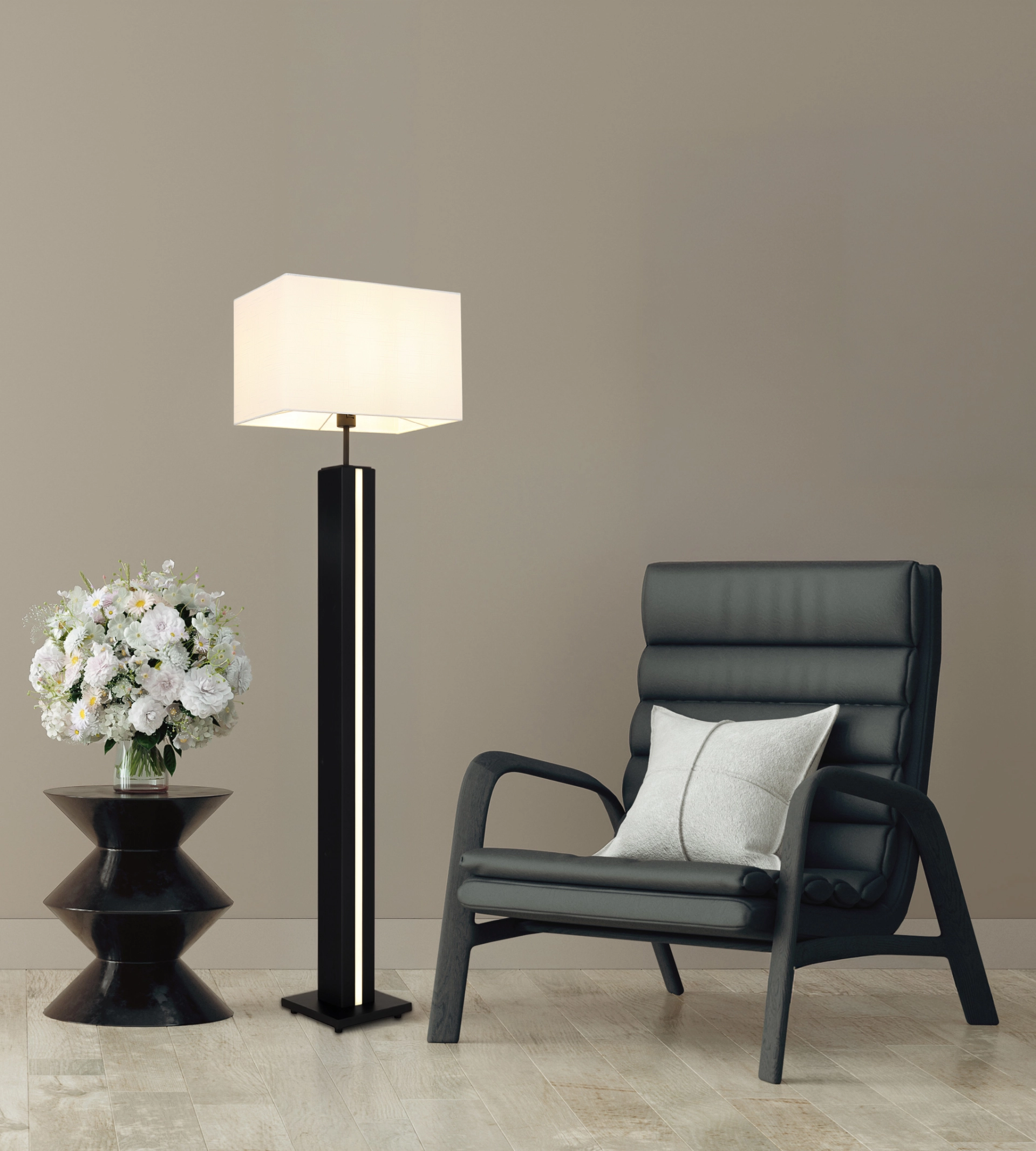 Globo Handels GmbH FOREST Stehleuchte 41130208 in MDF-Holzoptik dunkel mit weißem Textilschirm, moderne Bodenlampe im Wohnzimmer neben Sessel – elegantes, warmes Ambientelicht