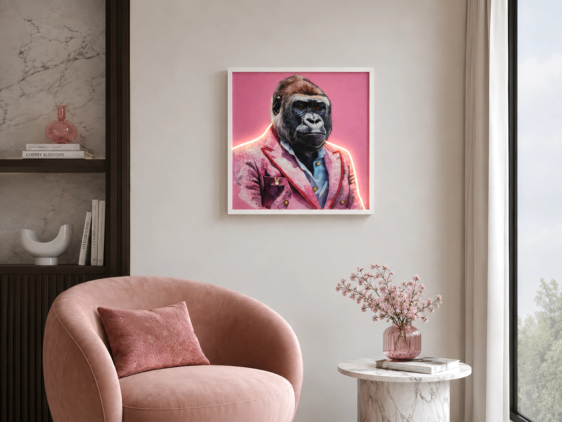 Pinkes Leinwanddruckbild GEORGE mit Gorilla im Anzug, LED-beleuchtet; PVC-Leinwand auf Kunststoffrahmen, aufladbare Batterie inkl. 2 m USB‑C‑Kabel; modernes Wandbild für Wohnzimmer, Büro oder Lounge, Globo Handels GmbH, B992610