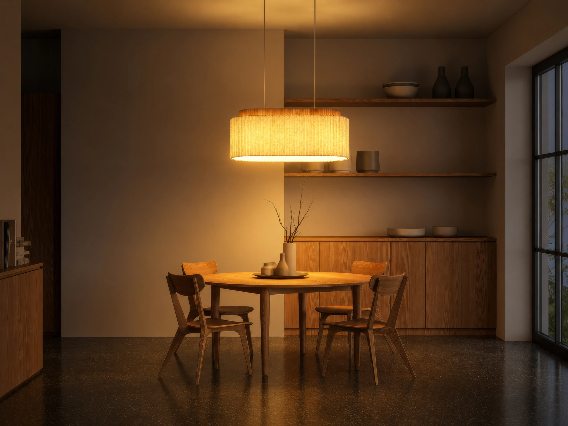 Ovale Vintage-Hängeleuchte JANNIE von Globo Lighting mit naturfarbenem Leinenschirm, braunem Holzsockel und sandfarbenem Metall, warmes Licht über Esstisch; 3x E27, dimmbar – ideal für Esszimmer, Küche oder Wohnbereich.