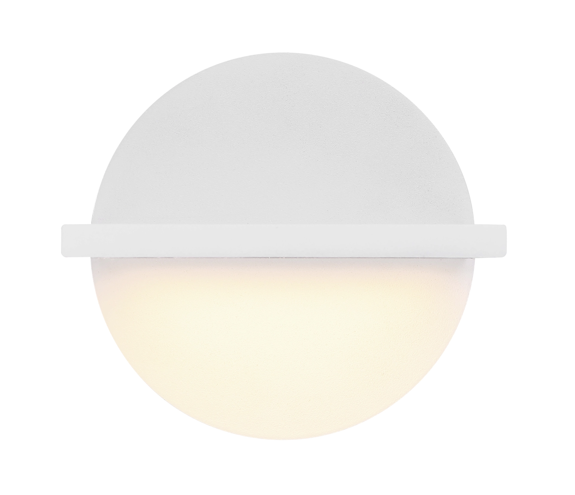 Runde Wandleuchte aus weißem Metall mit halbkreisförmigem Lichtfenster aus Opalglas, warmweiß 3000K, 430 lm, Ø115 mm – Modell 56009W von Globo Handels GmbH; moderne LED-Wandleuchte für gemütliche Wandbeleuchtung.