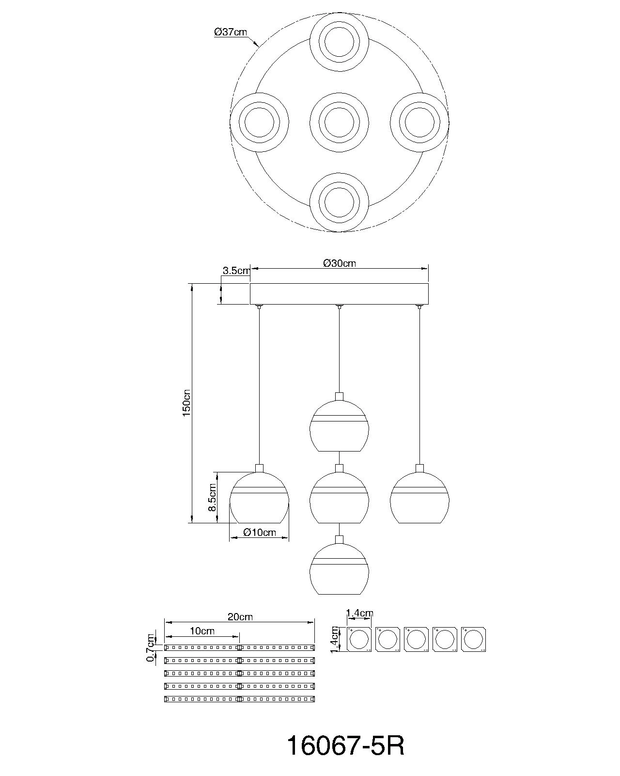 Technische Zeichnung der EVARA Hängeleuchte 5-flammig von Globo Handels GmbH, Modell 16067-5R: Maße, Baldachin Ø30 cm, Kugelschirme Ø10 cm, Abhängung bis 150 cm; Material Metall sandfarben matt mit Travertin-Stein naturfarben.