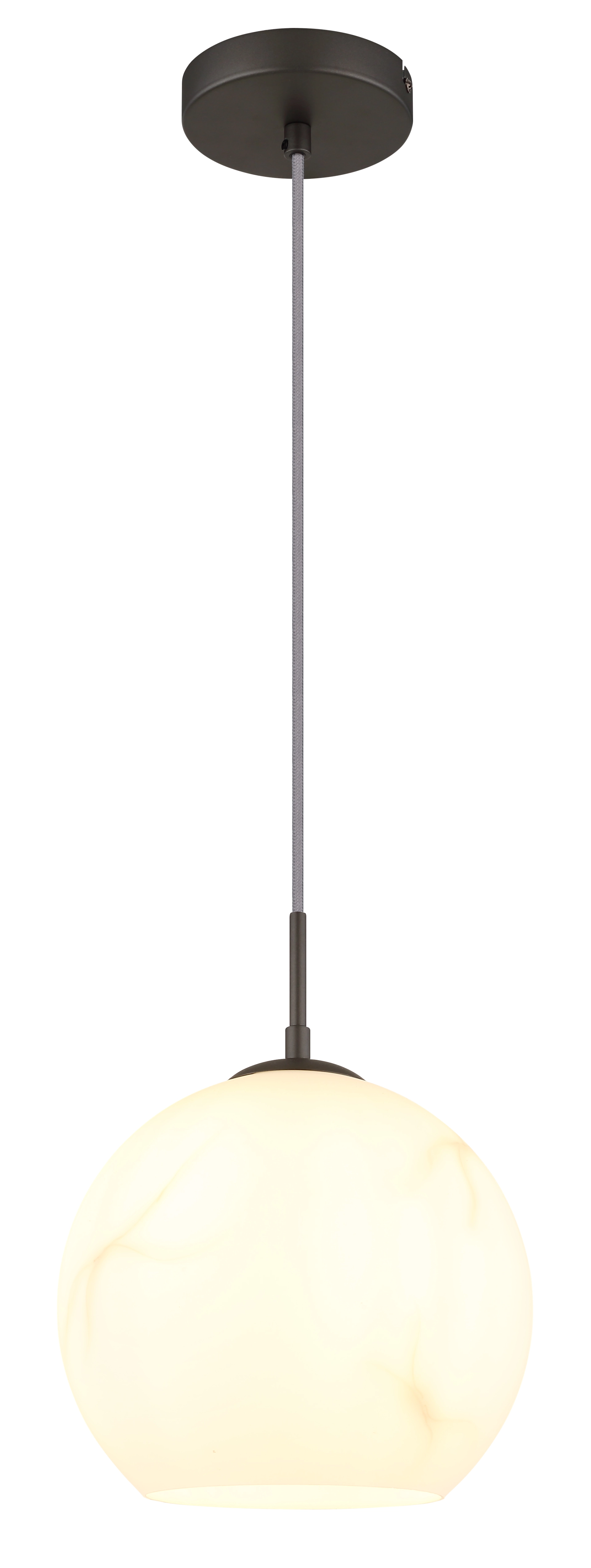 Produktfoto RAGUSA Hängeleuchte 15999MH1 von Globo Handels GmbH: Pendelleuchte aus Metall schwarz-chrom matt mit runder opaler Glaskugel, warm leuchtend, Deckenrosette dunkel, Textilkabel grau – ideal für Esszimmer/Küche.