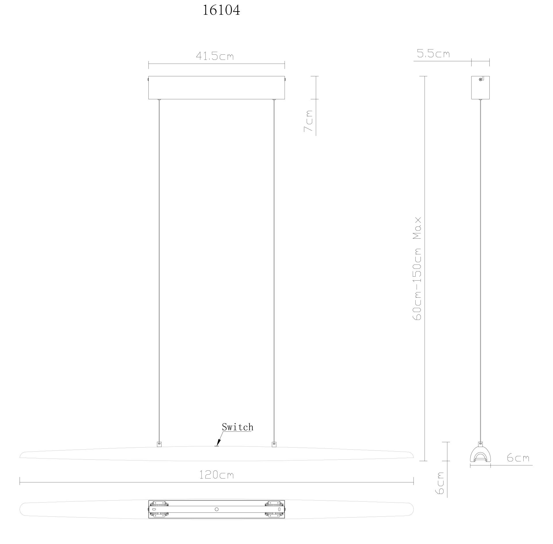 Technische Zeichnung der Pendelleuchte STEPHENS: länglicher Holzbalken mit mattschwarzem Korpus und opalem Lichtband; Länge 120 cm, Breite 6 cm, Baldachin 41,5×7 cm, höhenverstellbar 60–150 cm, integrierter Schalter; Hersteller Globo Handels GmbH