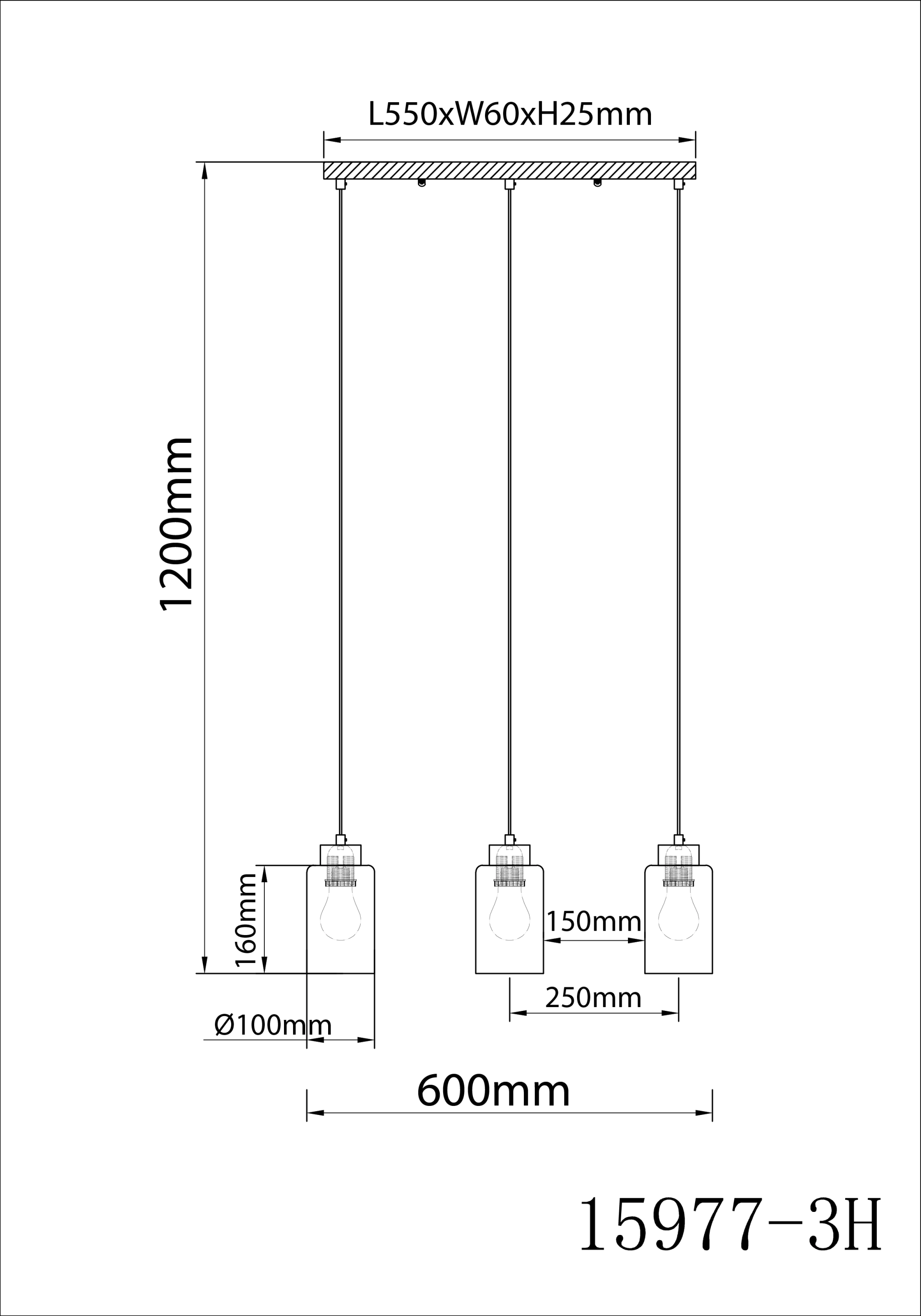 Technische Zeichnung der Hängeleuchte ROWENA von Globo Handels GmbH: 3‑flammig aus Holz braun und opal mattem Glas, E27, dimmbar. Maße: Länge 600 mm, Abhängung 1200 mm, Baldachin 550×60×25 mm, Schirme Ø100×160 mm, Abstände 150/250 mm.
