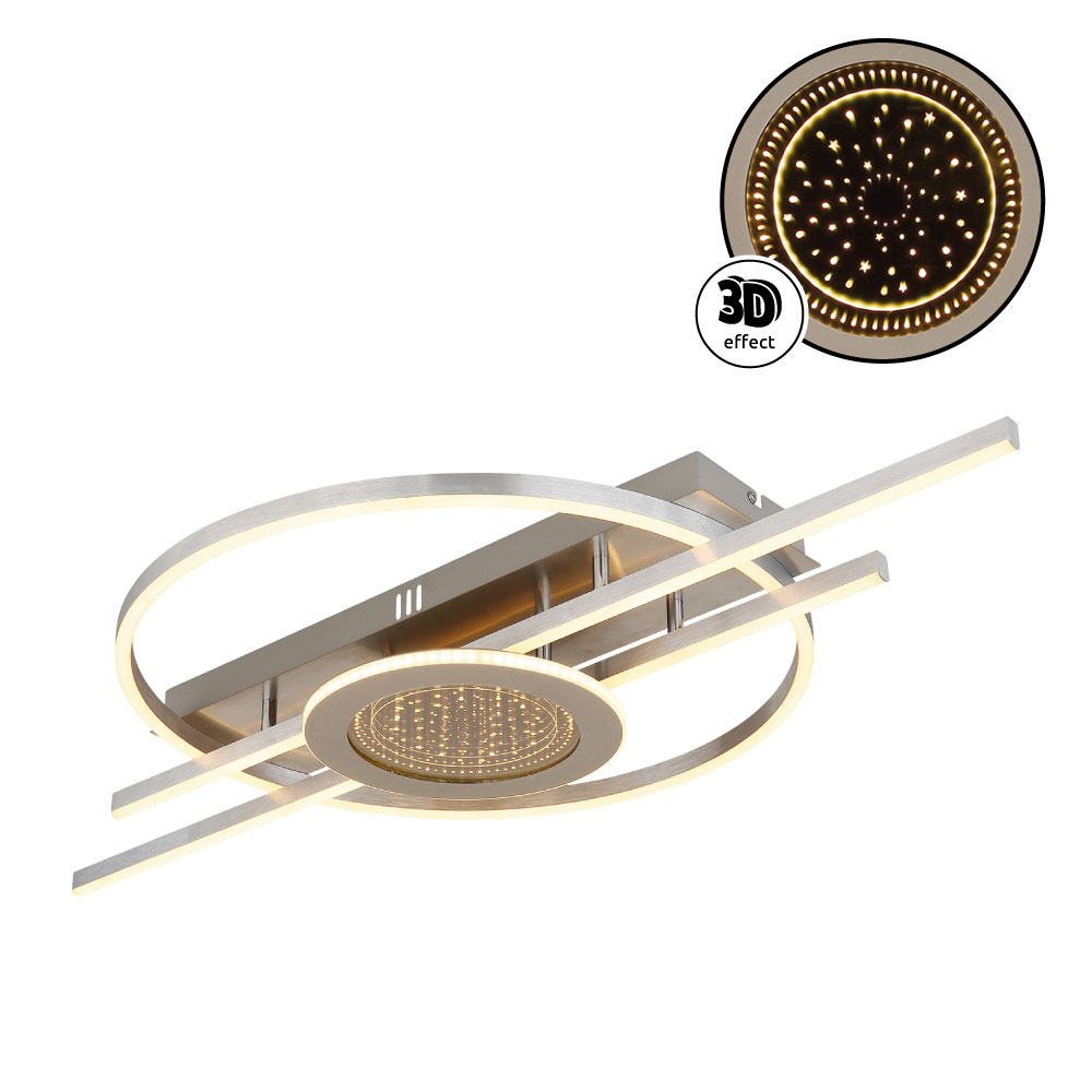 DONTE Deckenleuchte mit ringförmigen und linearen Elementen, silbermatte Metalloberfläche, sandfarbene und cappuccinofarbene Akzente, gebürstetes Aluminium, opaleskes Silikon, dekorativer 3D-Spiegel-Effekt