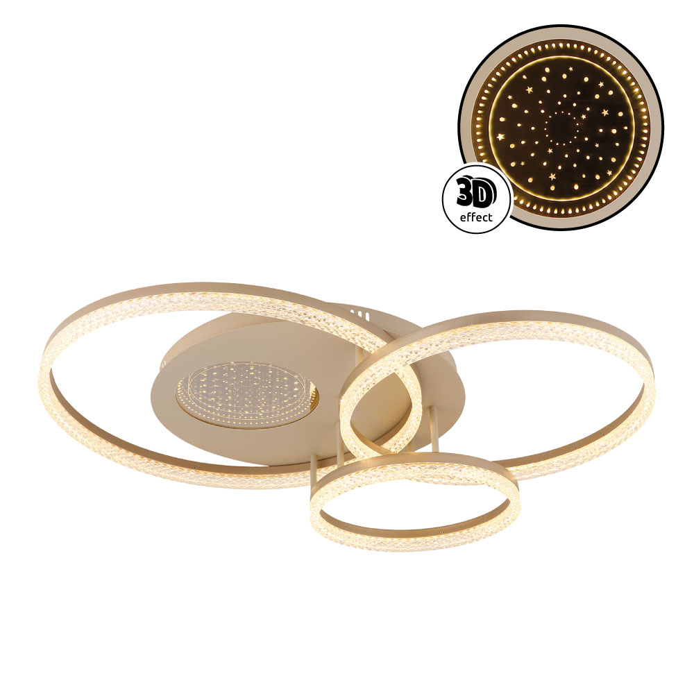 SANFORD Deckenleuchte in sandfarbener, mattierter Metalloptik mit drei harmonisch angeordneten Leuchtkreisen und 3D-Effekt; hochwertig, edel, Globo