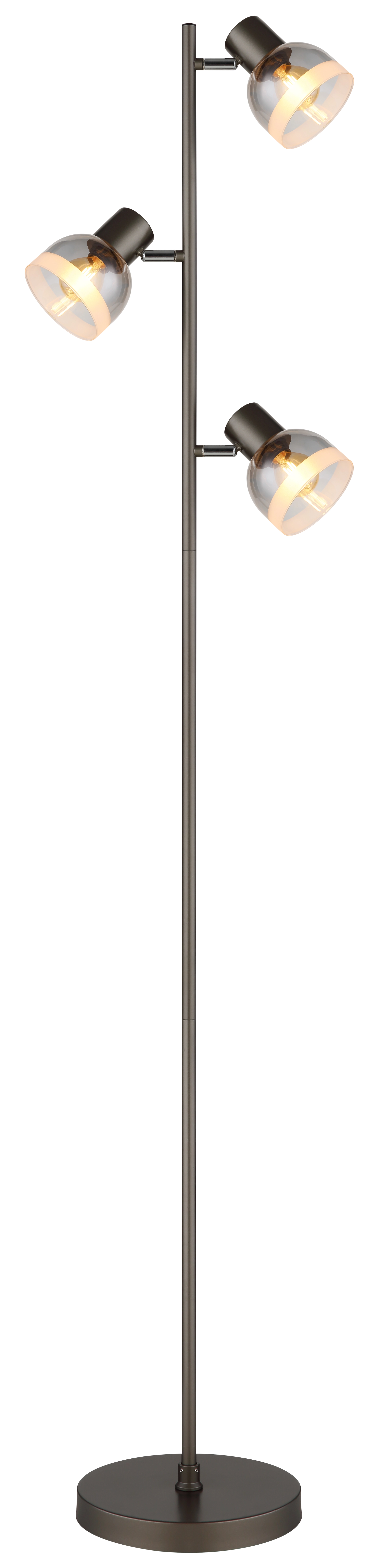 Dreiflammige Stehleuchte KAIRO aus Metall schwarz-chrom matt mit rauchfarbenen Glasschirmen, verstellbaren Spots und rundem Fuß; modernes Standlicht. Hersteller: Globo Handels GmbH, Modell 54048-3S.
