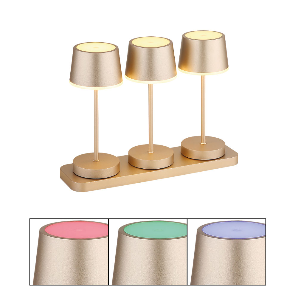 Image produit : lampe de table DAWSON à 3 feux, finition champagne mat en métal/plastique sur base commune, lumière LED chaleureuse ; fabricant Globo Handels GmbH, modèle 58493-3C.