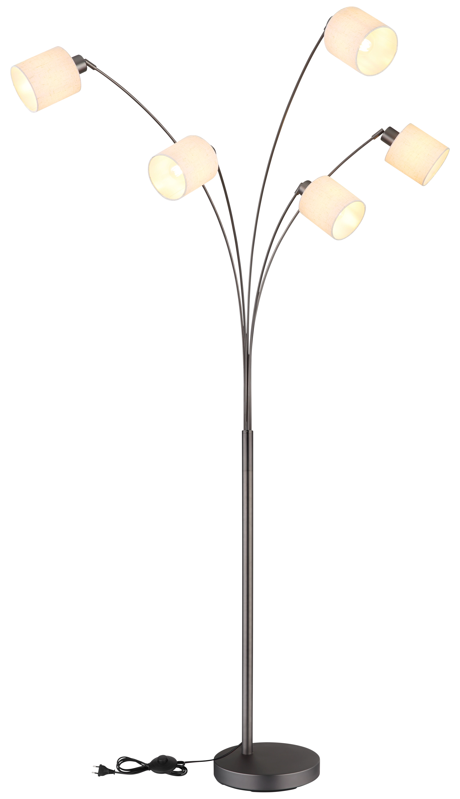 THEA Stehleuchte aus Metall, schwarz-chrom matt, mit fünf verstellbaren Leuchtenköpfen in cremefarbener Leinenoptik; inkl. Netzanschlusskabel – Globo Handels GmbH