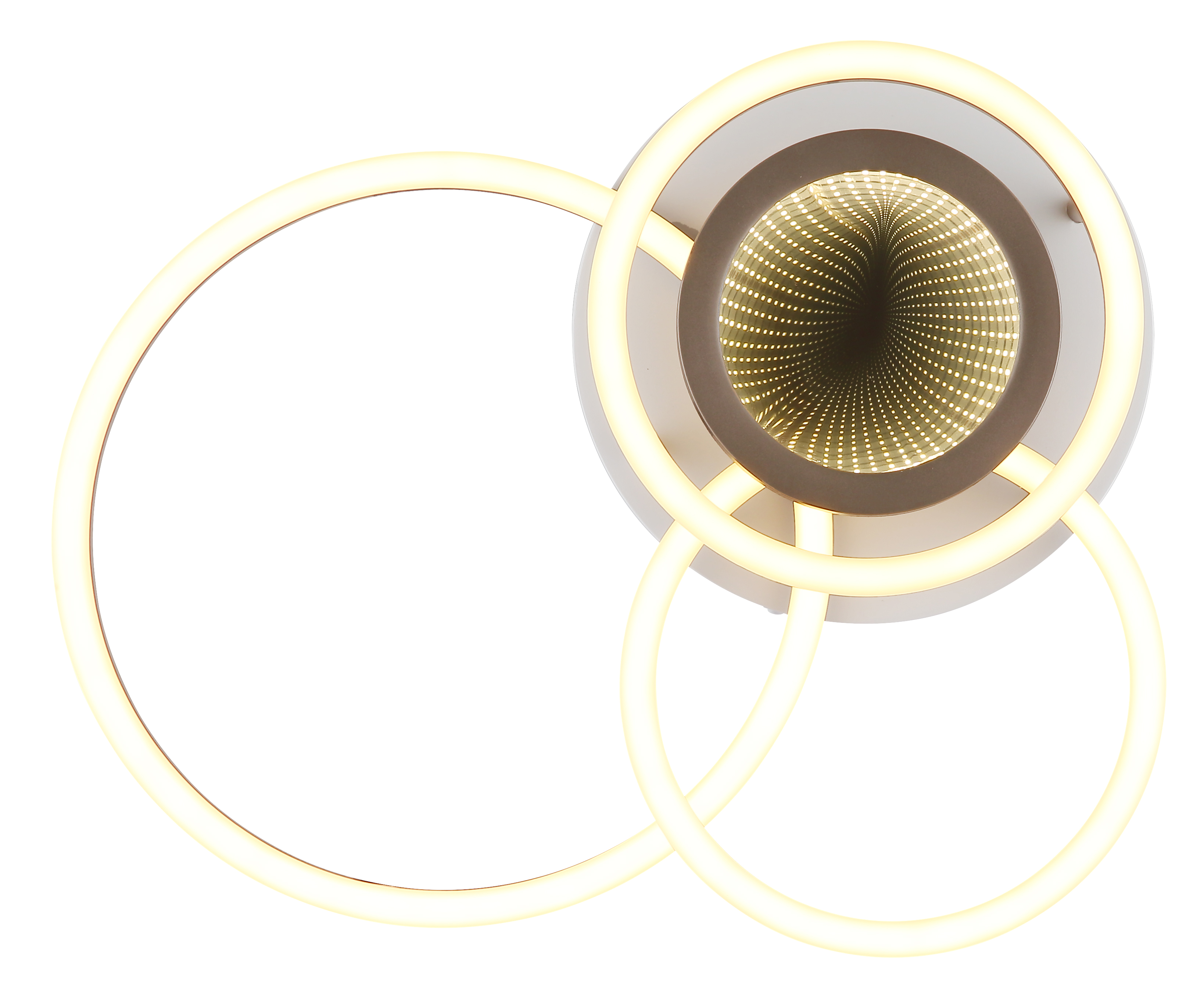 Dreiringige LED-Deckenleuchte in Warmweiß, mit kreisförmigen Lichtringen vor hellem Hintergrund.