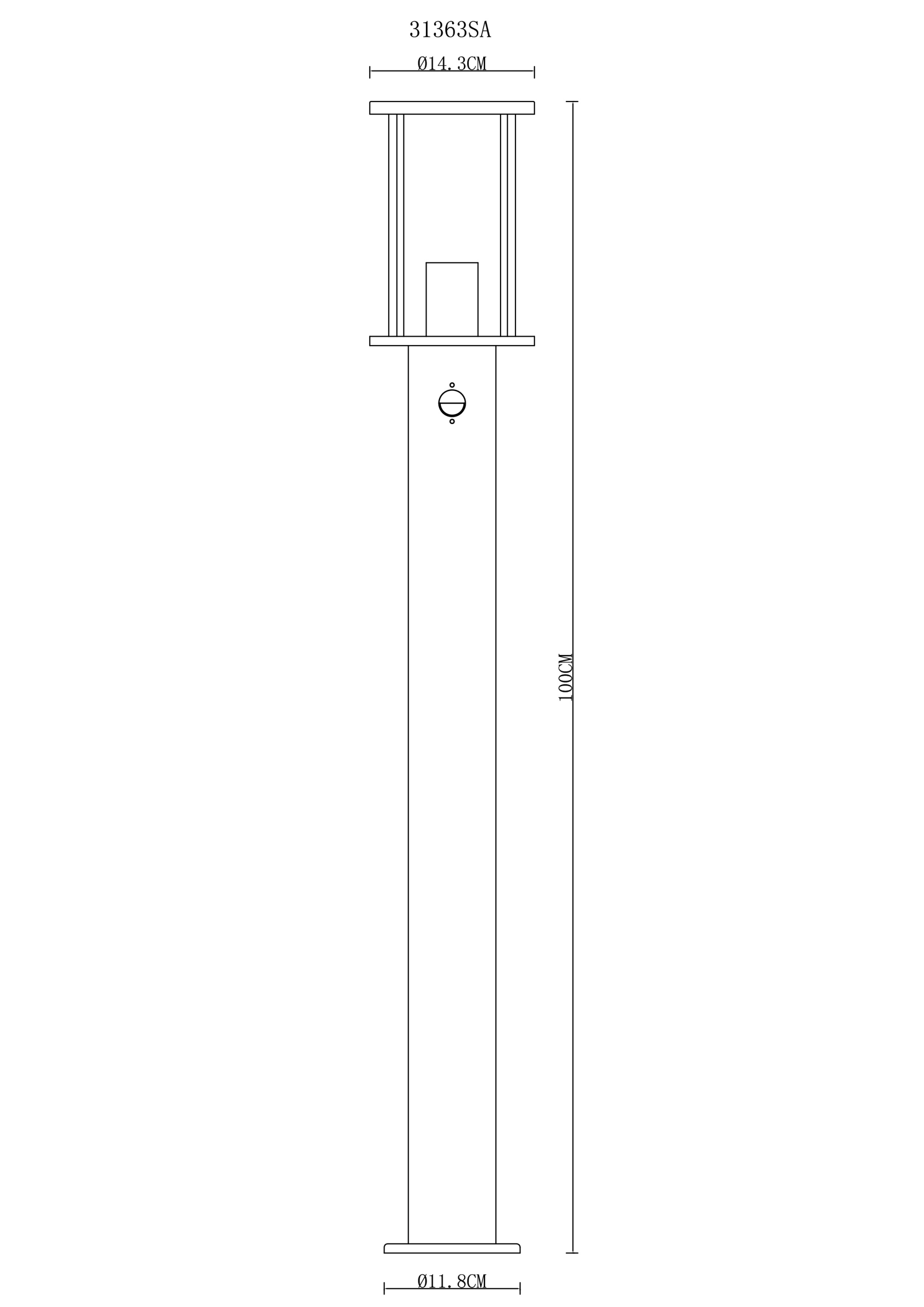 Schéma technique du luminaire extérieur GRACEY 31363SA, acier inox sable mat et verre clair, borne H 100 cm, tête Ø14,3 cm, base Ø11,8 cm, fabricant Globo Handels GmbH