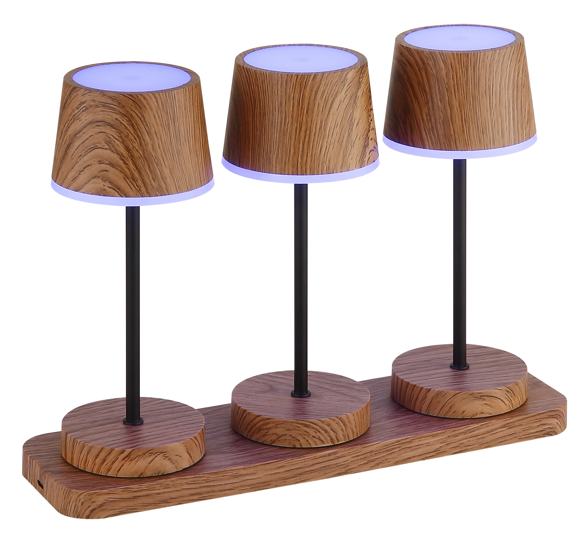 3er Tischleuchten-Set DAWSON mit dunkler Holzoptik und Metallstangen
