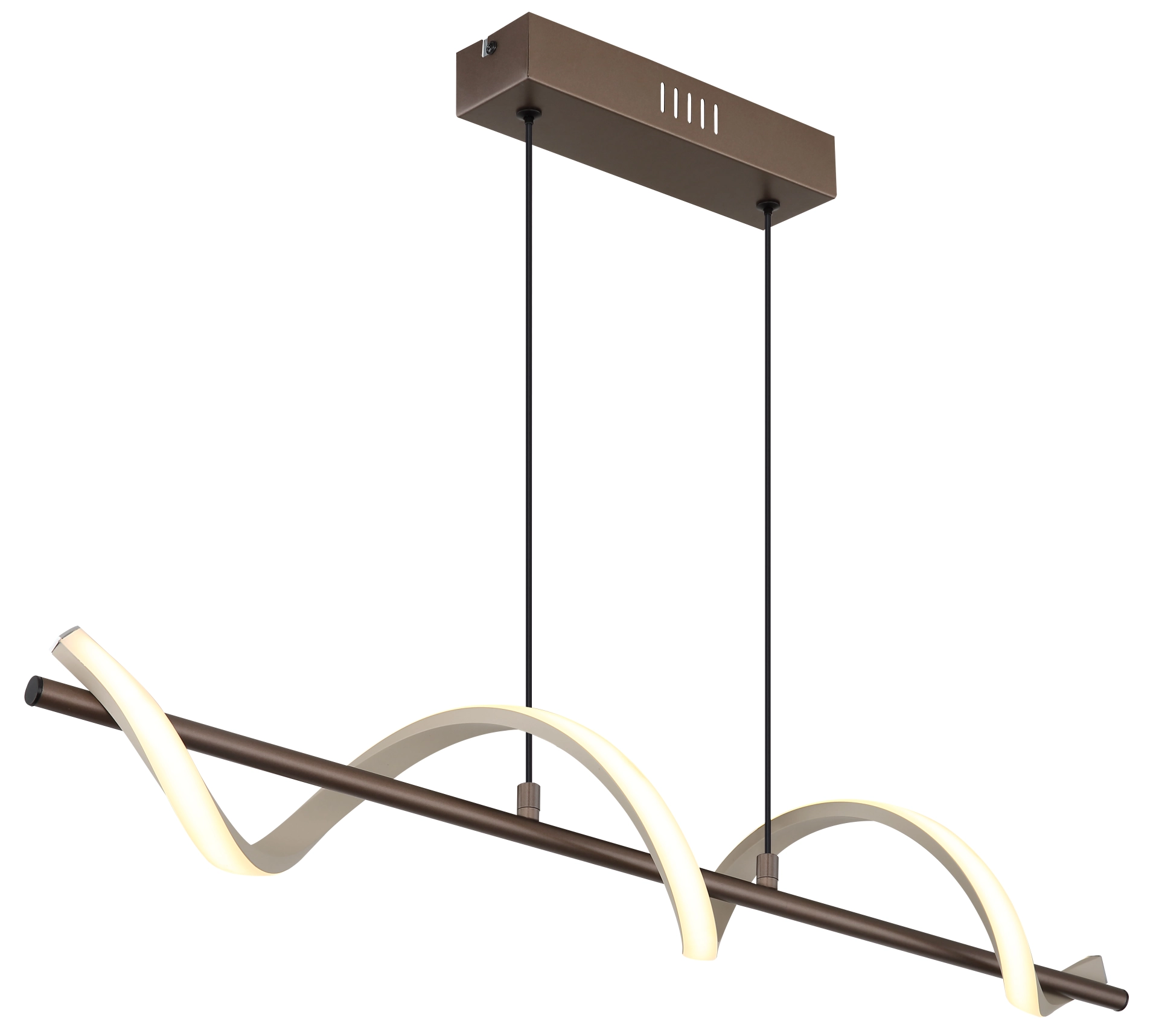 Hängeleuchte SPIRO von Globo Handels GmbH: Metall kaffeefarben matt, Kunststoff sandfarben matt, mehrlagige gewundene Lichtstreifen als modernes Wohnzimmerlicht.