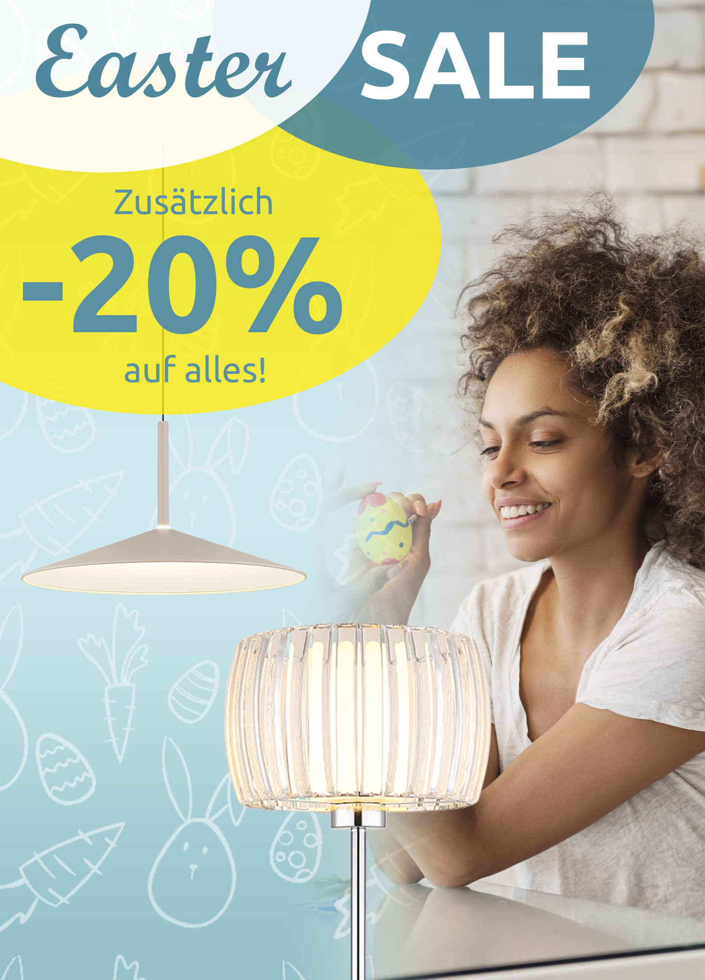 Frau dekoriert eine Lampe; im Hintergrund bunte Ostereier-Motive und ein großer gelber Rabattkreis mit -20% – Easter Sale – Aufmerksamkeitsstarker Shop-Poster für Beleuchtung und Wohnaccessoires.