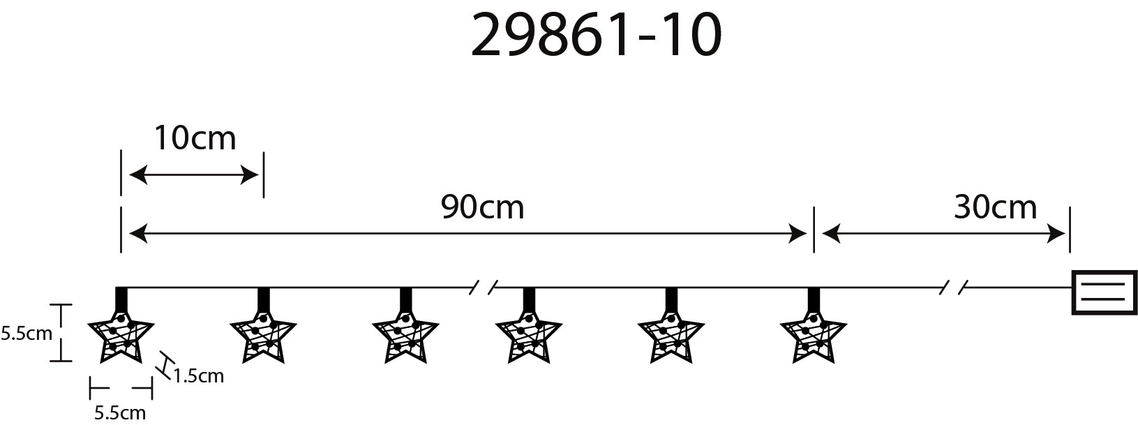 Technische Zeichnung: LED LICHTERKETTE METALL SILBERFARBEN, 10xLED von Globo Handels GmbH. Batteriebetrieben, warmweiß; Lichterstrecke 90 cm, Abstand 10 cm, Zuleitung 30 cm; Stern-Acryldekor satiniert, Sterne 5,5 x 5,5 cm. 29861-10