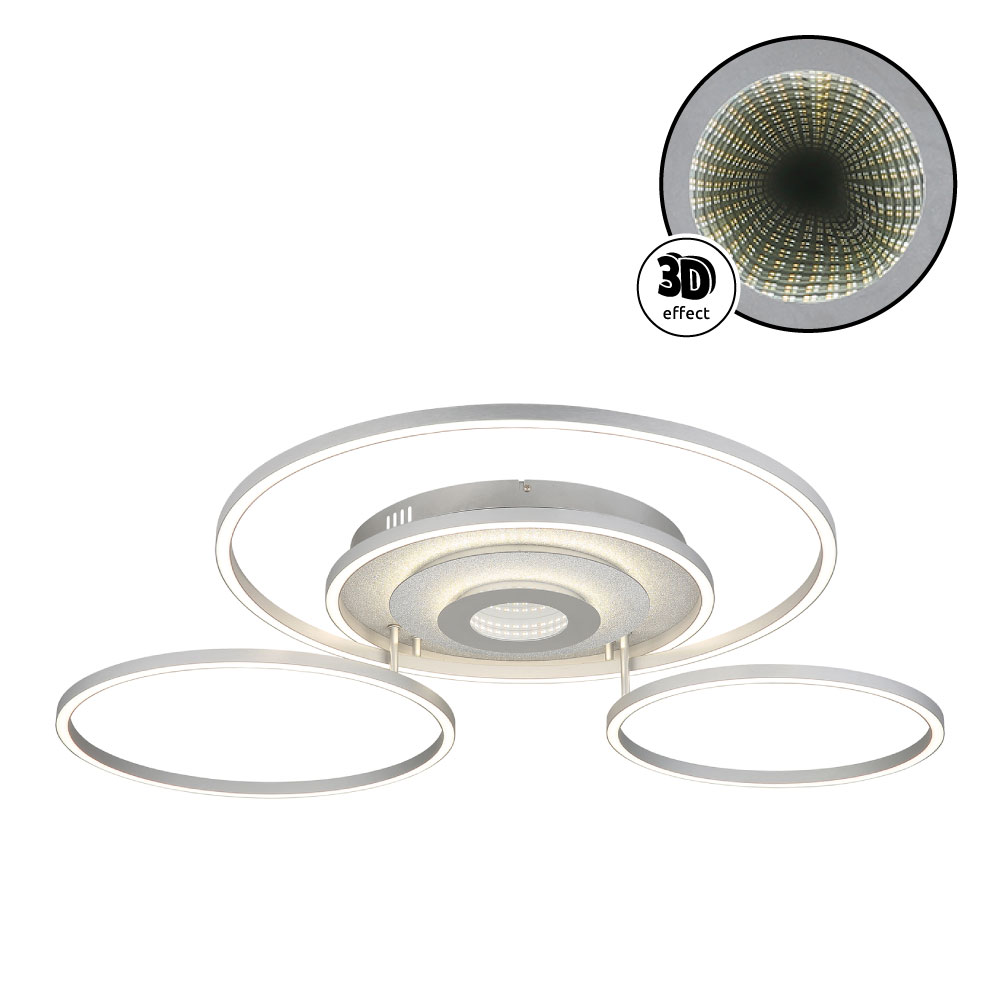 Deckenleuchte MILES: vier Ringe, 3D-Tunneleffekt, silberfarbener Metallkorpus, gebürstetes Aluminium, opaler Diffusor, blendfreie Lichtverteilung – Globo Handels GmbH