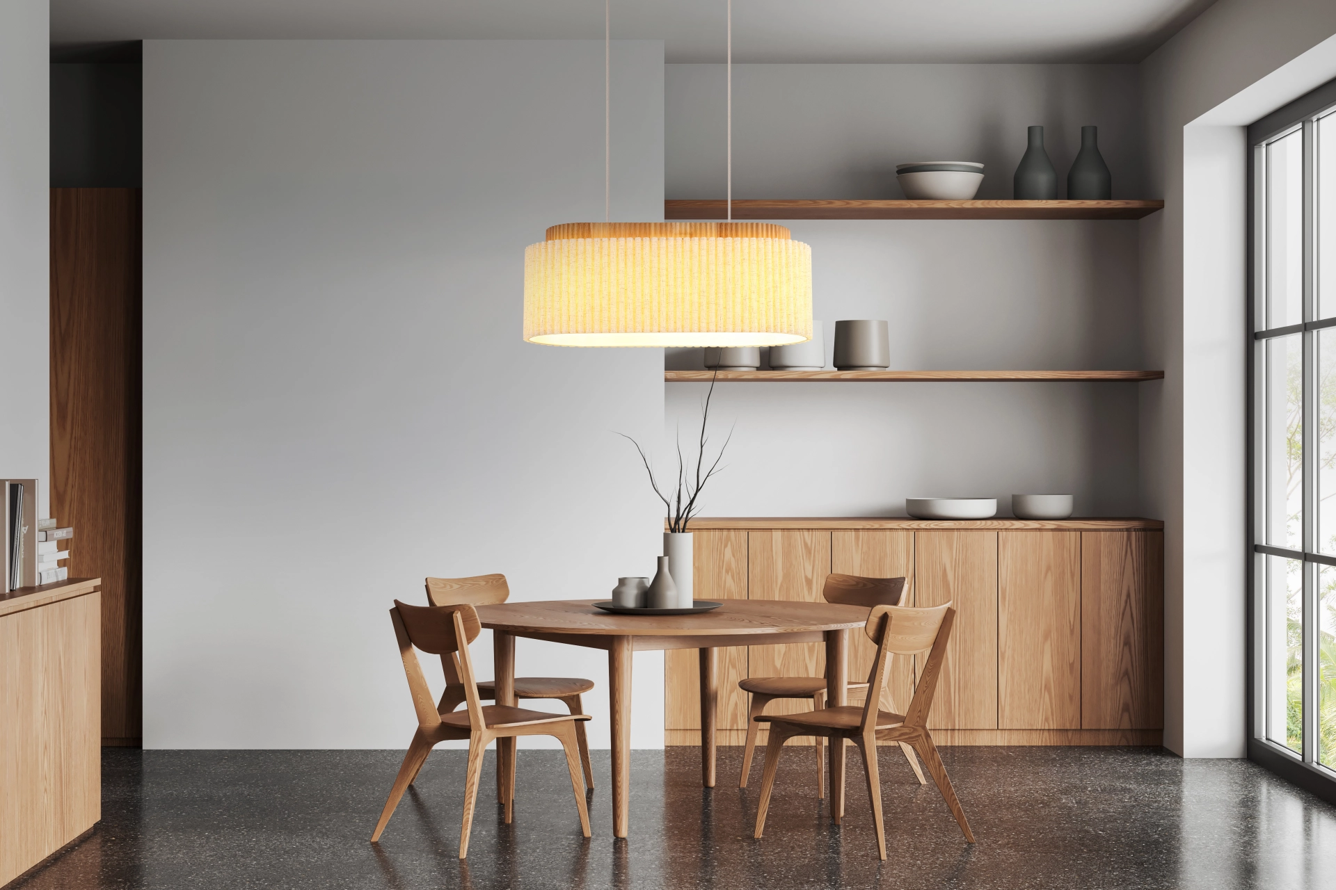 Ovale Hängeleuchte JANNIE von Globo Lighting über Esstisch: Vintage-Design mit braunem Holzsockel, sandfarben matt lackiertem Metall und naturfarbenem Leinenschirm; warmes, blendfreies Licht; 3x E27, dimmbar – ideal für Esszimmer und Küche.