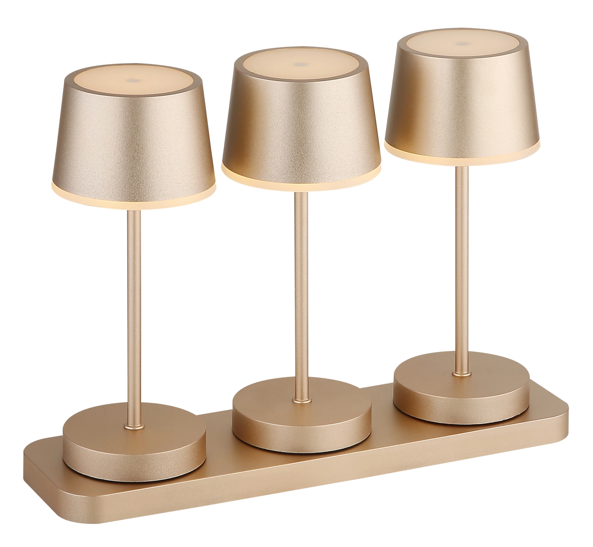 Dawson Dreier-Tischleuchte aus metallisch champagnerfarbenem Finish, drei Leuchten auf einer gemeinsamen Basis
