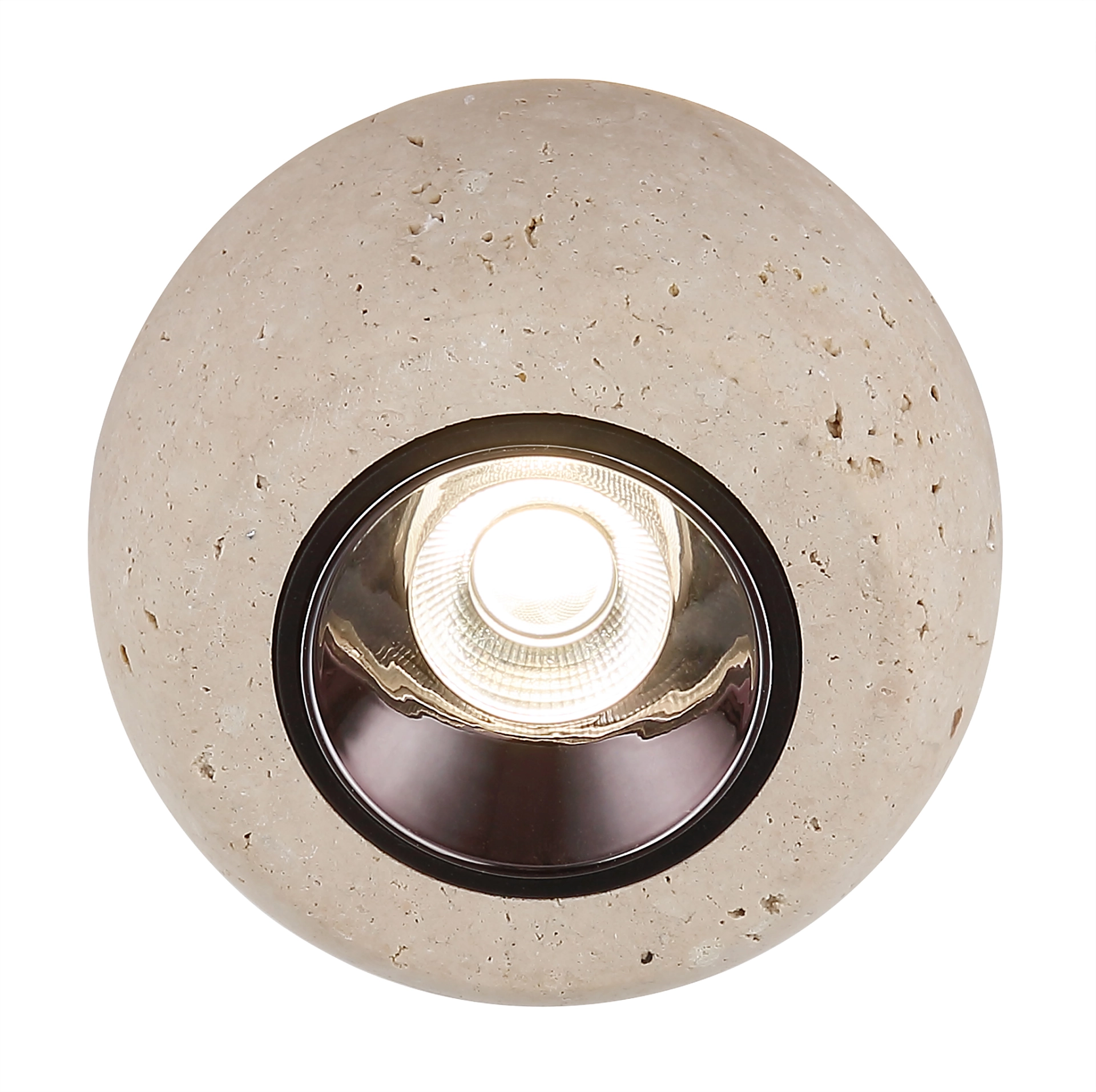 Detailfoto der EVARA Hängeleuchte 16067-5 von Globo Handels GmbH: rundes Travertin-Gehäuse naturfarben mit sandfarben mattiertem Metall und leuchtendem LED-Spot