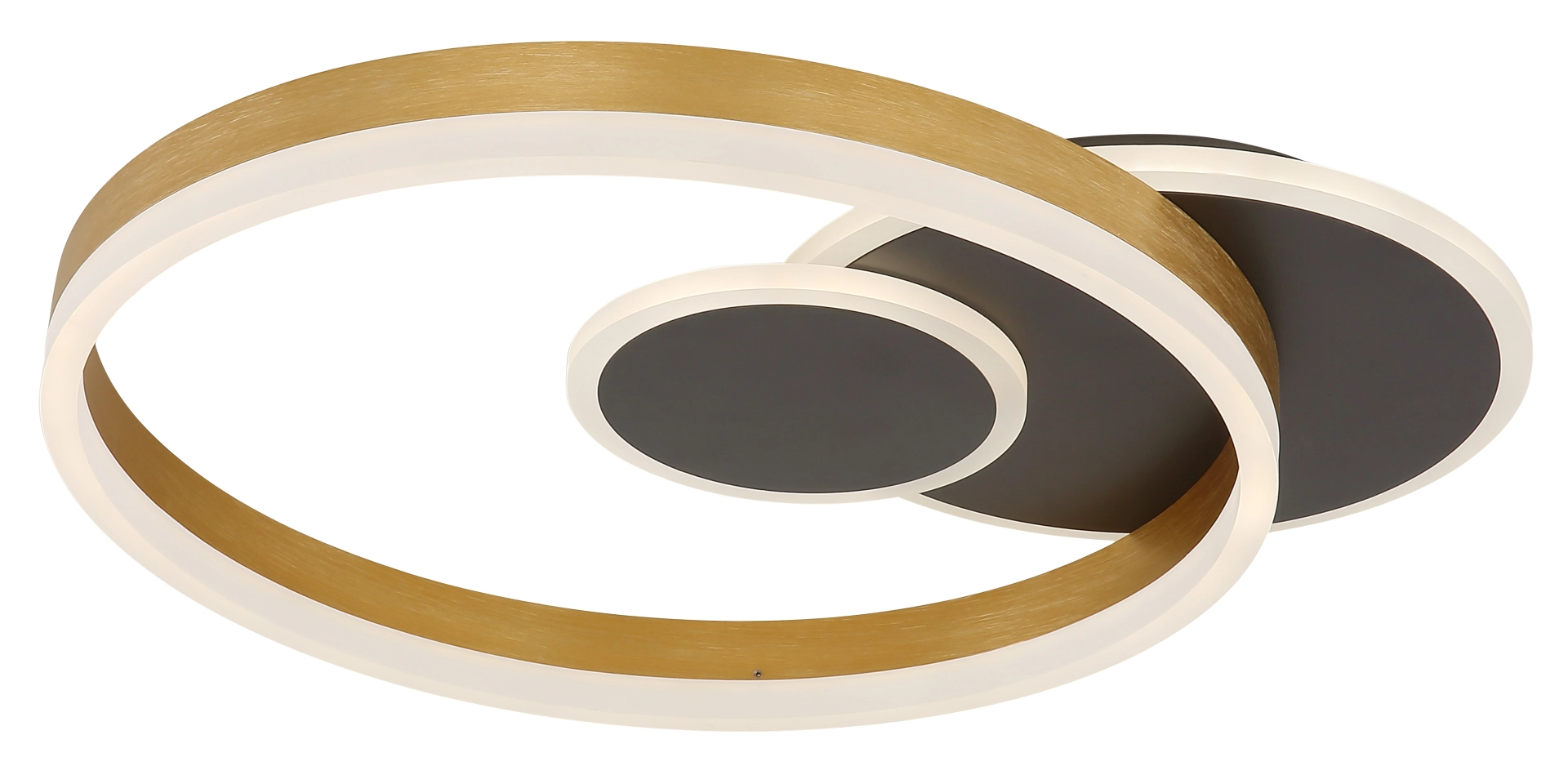 Moderne LED-Deckenleuchte ELORIA in Ringform, Aluminium schwarz matt gebürstet mit goldfarben gebürsteten Akzenten, warmweißes Licht, Hersteller Globo Handels GmbH, Art.-Nr. 67385-32