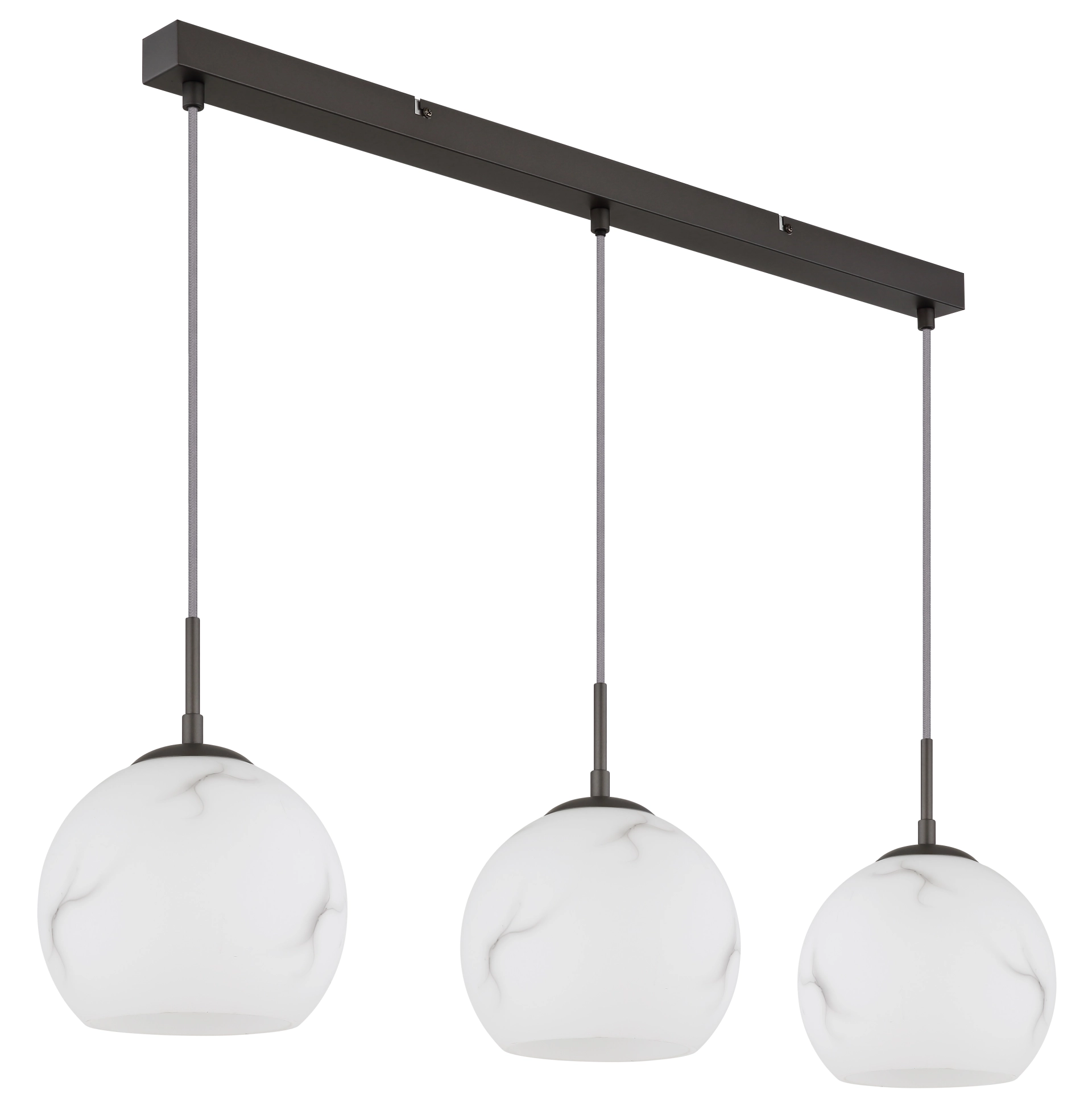 Produktbild: RAGUSA Pendelleuchte, 3-flammig, Balkenleuchte aus Metall schwarz-chrom matt mit opalen Glaskugeln; ideal über Esstisch/Küche; Hersteller Globo Handels GmbH; Artikel 15999M-3H