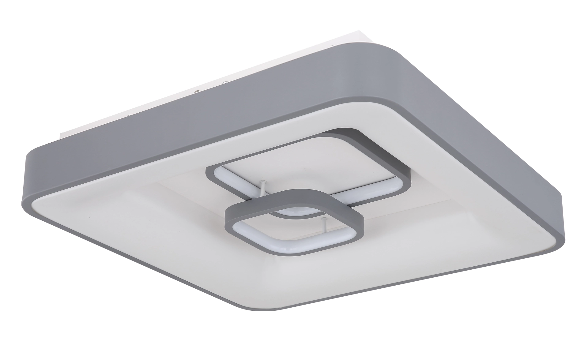 Quadratische LED-Deckenleuchte MAVY 50x50 cm in Grau mit zwei innenliegenden Quadratringen aus Metall/Acryl; 1900 lm, per Fernbedienung dimmbar und CCT 3000–6000 K, Memory-Funktion. Modell 48416-50 von Globo Handels GmbH.