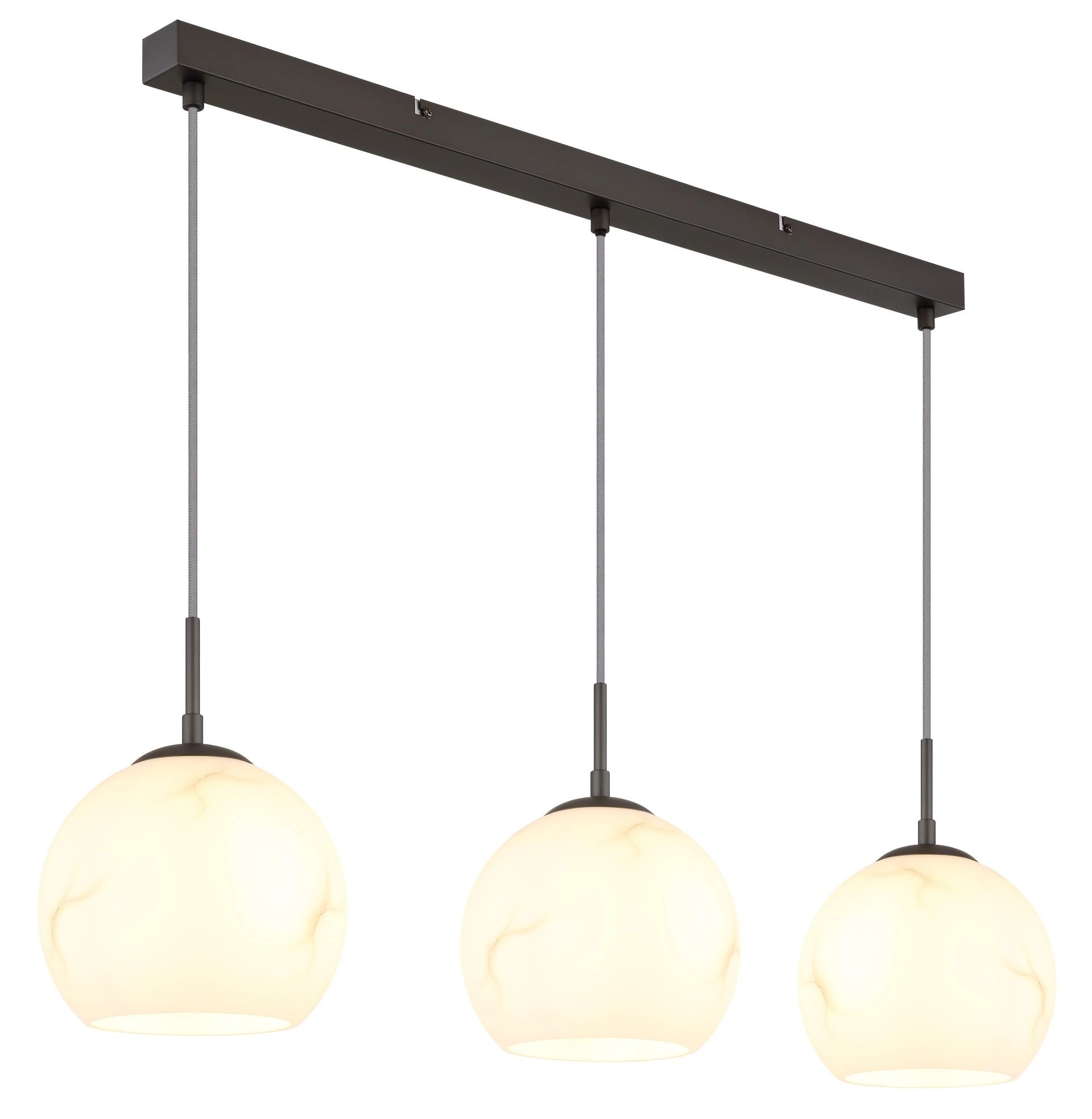 Produktbild: RAGUSA Pendelleuchte 3-flammig mit opalen Glaskugeln, Balkenleuchte aus Metall schwarz-chrom matt, Kabel höhenverstellbar; Hersteller Globo Handels GmbH, Artikelnummer 15999M-3H