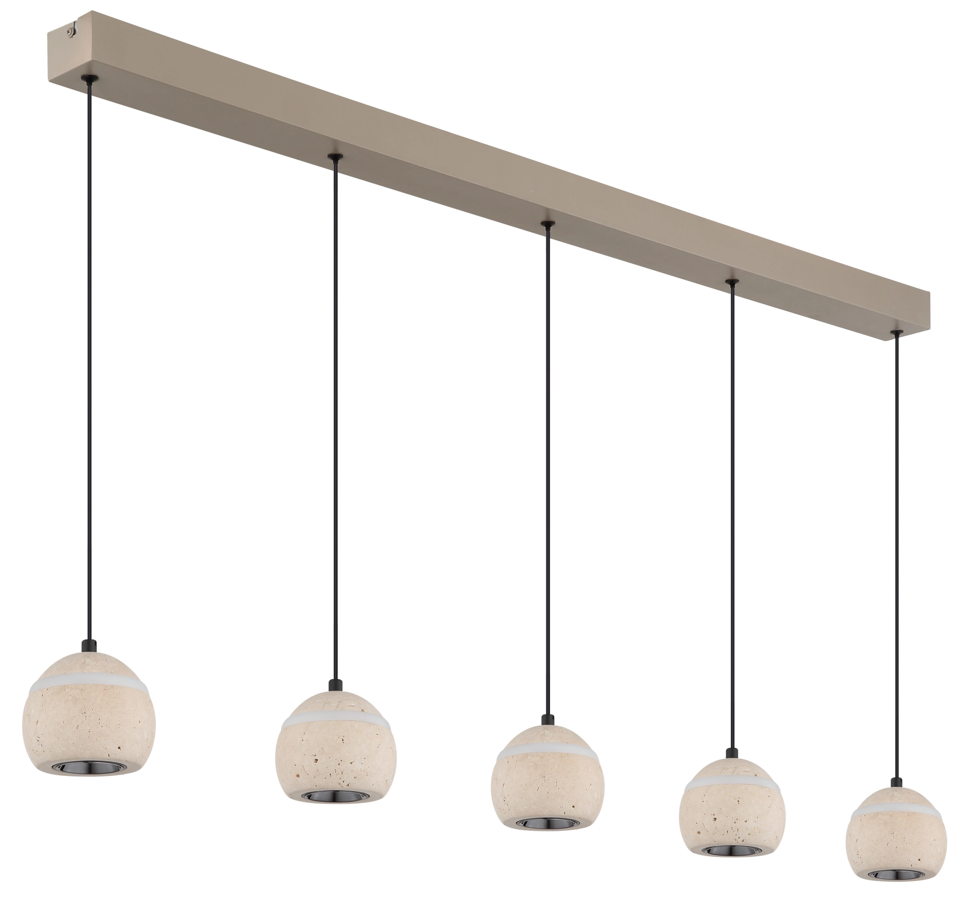 EVARA Pendelleuchte: 5 kugelige Schirme aus Travertine Stein naturfarben, Balken-Deckenleiste aus Metall sandfarben matt, lange schwarze Abhängungen; Modell 16067-5 von Globo Handels GmbH – modern für Esstisch/Küche.
