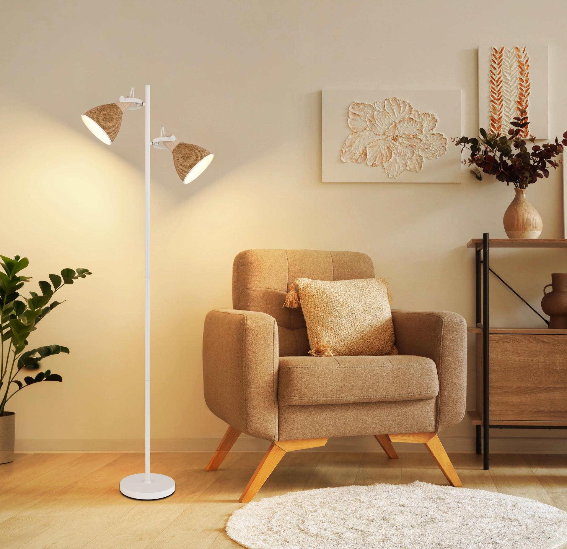 Product image of the LYNDON floor lamp by Globo Handels GmbH in matt white metal with wood accents and two brown paper shades; individually rotatable and tiltable heads – ideal for reading and accent lighting – model 16466-2S