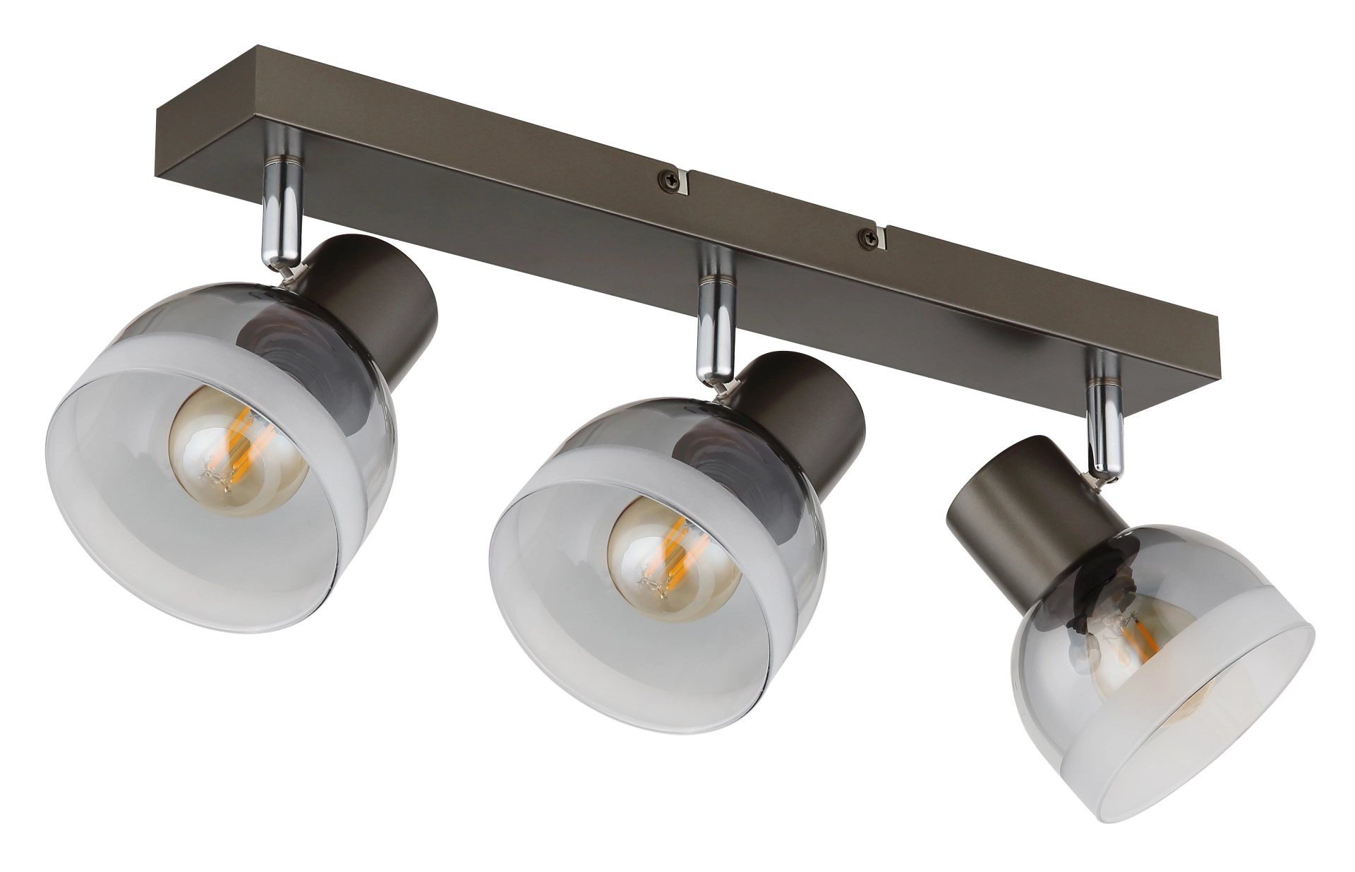 Abbildung: Deckenstrahler KAIRO, 3-flammig, verstellbare Spots auf Balken; Metall schwarz-chrom matt mit rauchfarbenen Glas-Schirmen; Hersteller Globo Handels GmbH, Modell 54048-3