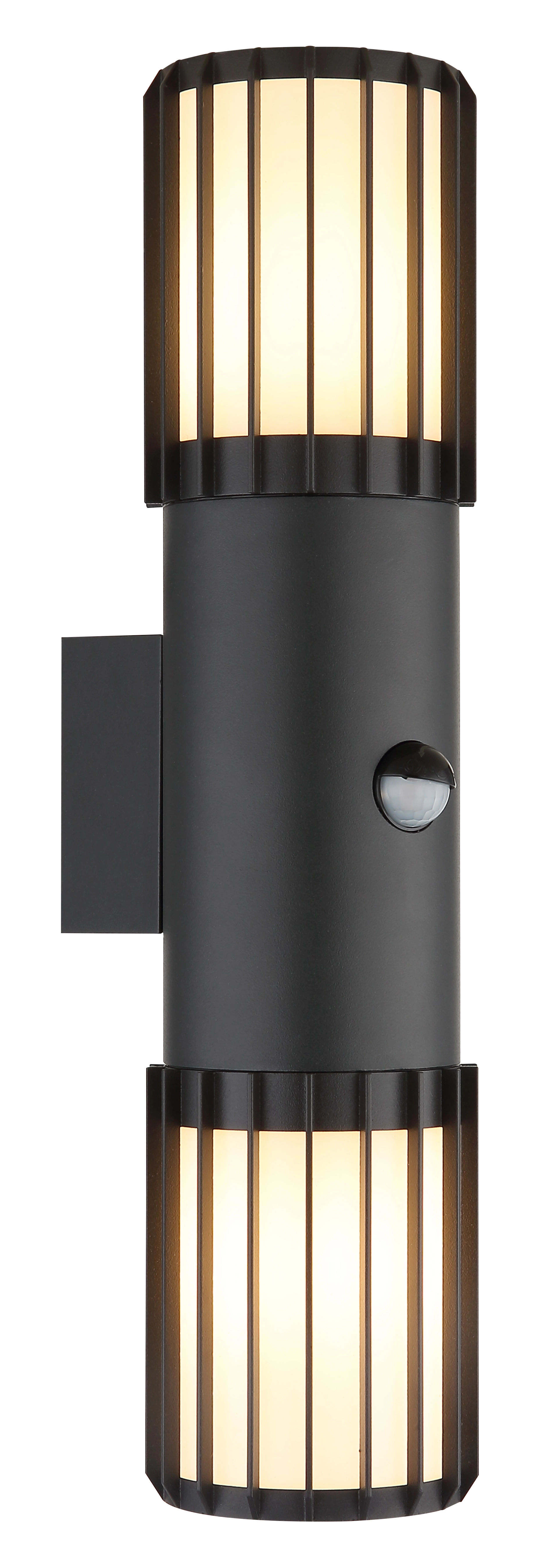 Außenleuchte MERVIN aus schwarzem Aluminium mit opalem Kunststoffschirm, vertikale Streifen, integrierter Bewegungssensor, robustes Wandwände-Design