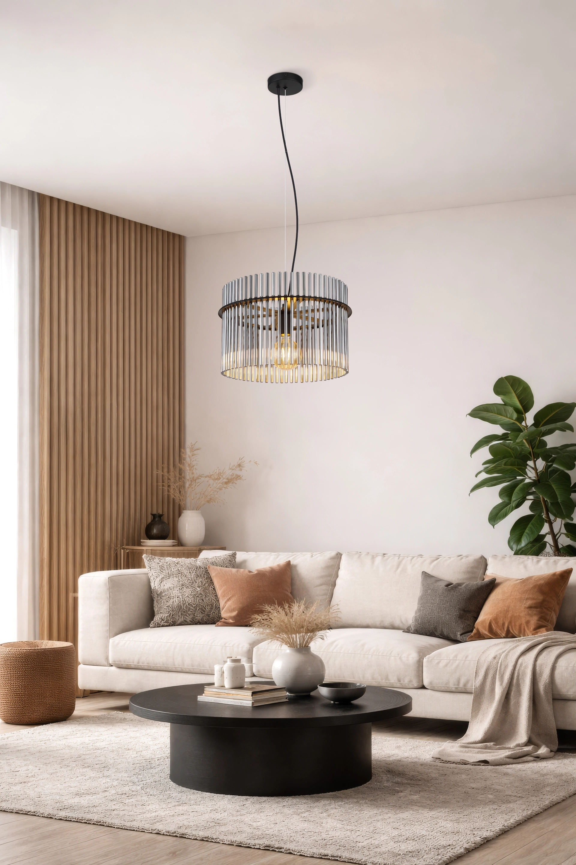 Stilvolle Pendelleuchte GORLEY aus mattem schwarzem Metall mit rauchfarbenen Glasstäben, Ø400 mm, höhenkürzbares schwarzes PVC-Kabel, E27 bis 60 W; 15698H von Globo Handels GmbH