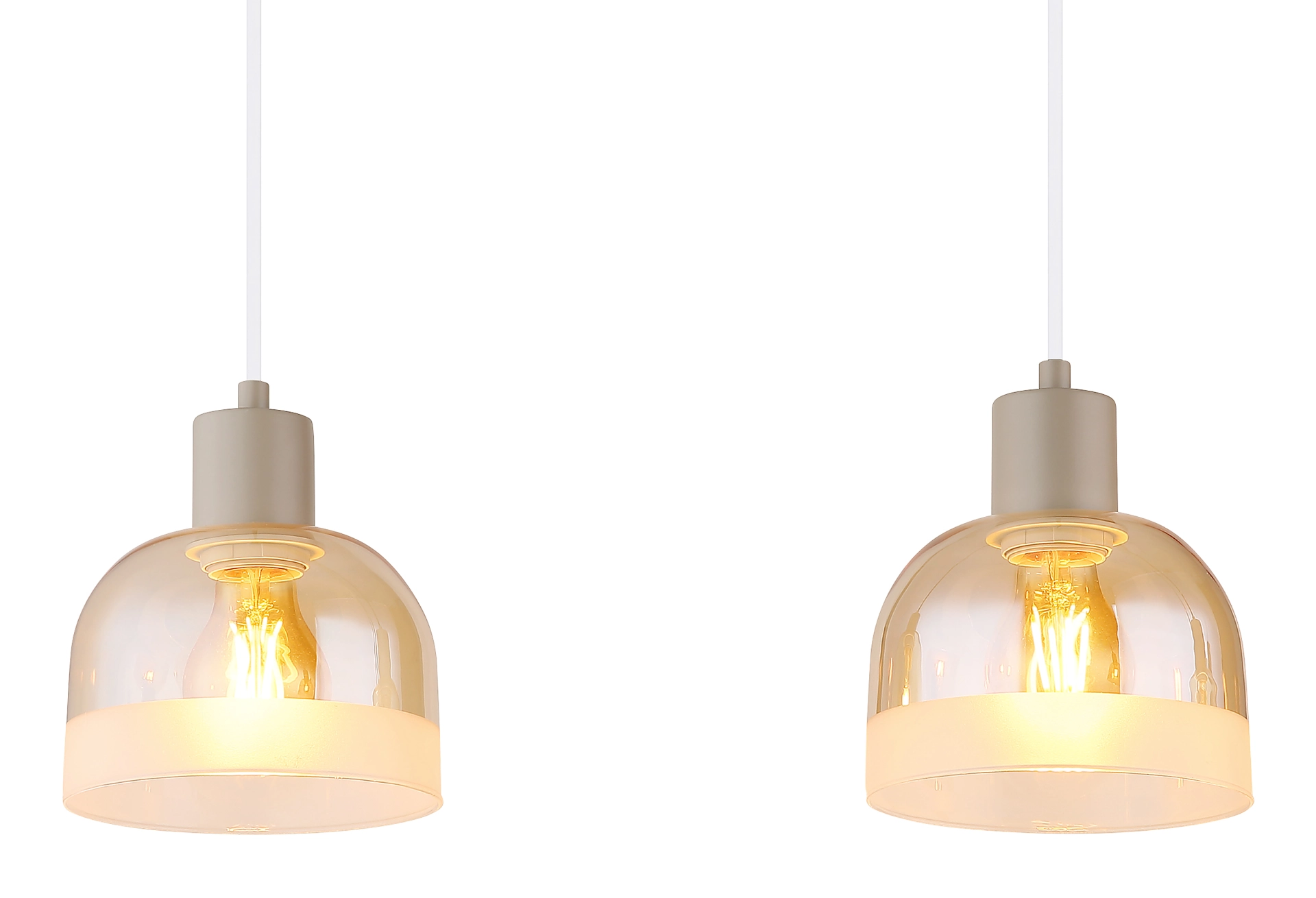 Zwei leuchtende KAIRO Pendelleuchten aus sandfarben mattem Metall mit amberfarbenem Glas, Modell 54048-4HSA von Globo Handels GmbH – Produktabbildung