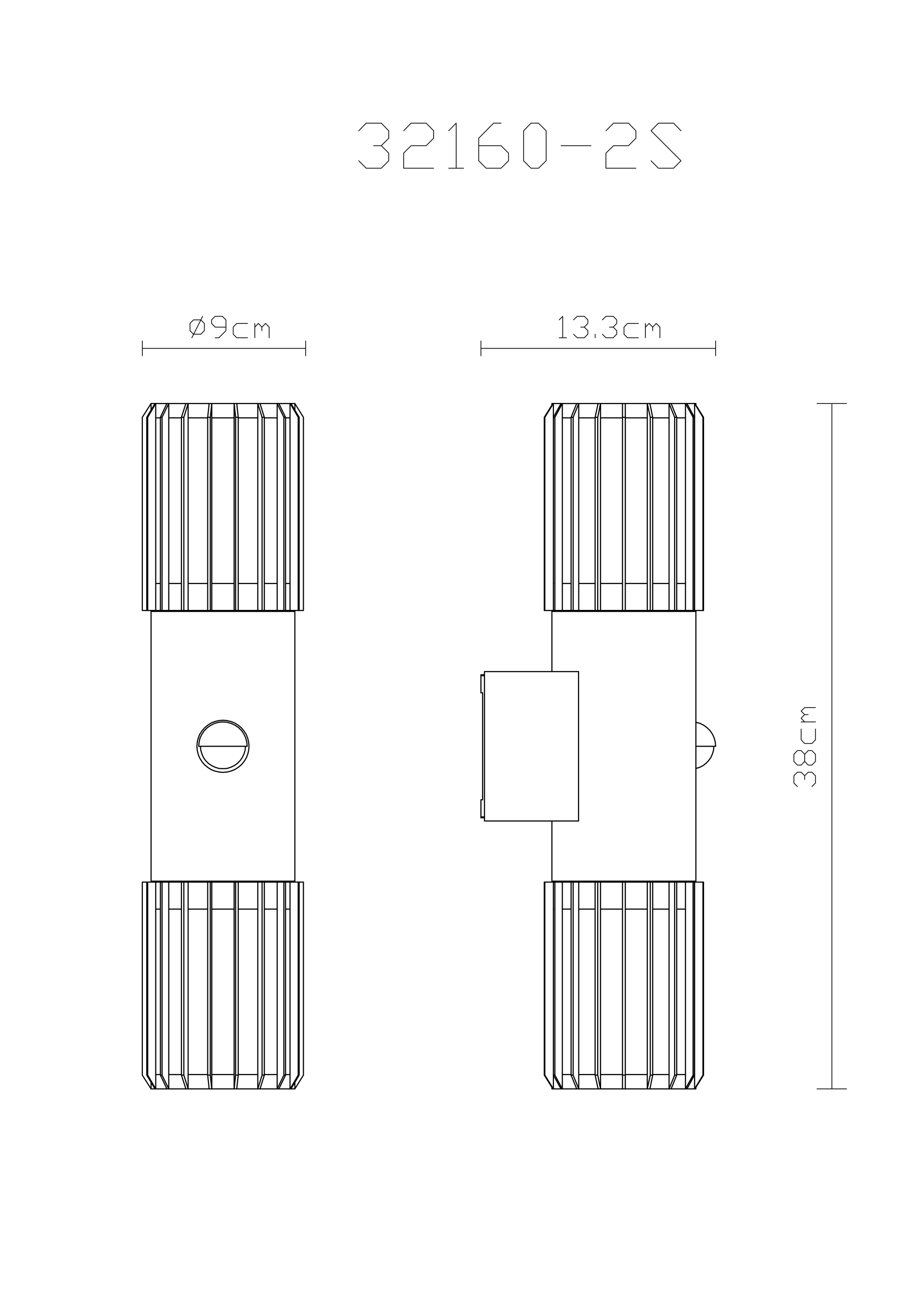 Technische Zeichnung der MERVIN Außenwandleuchte 32160-2S von Globo Handels GmbH aus Aluminium anthrazit matt mit opalem Kunststoff; Maße: Höhe 38 cm, Ø 9 cm, Ausladung 13,3 cm