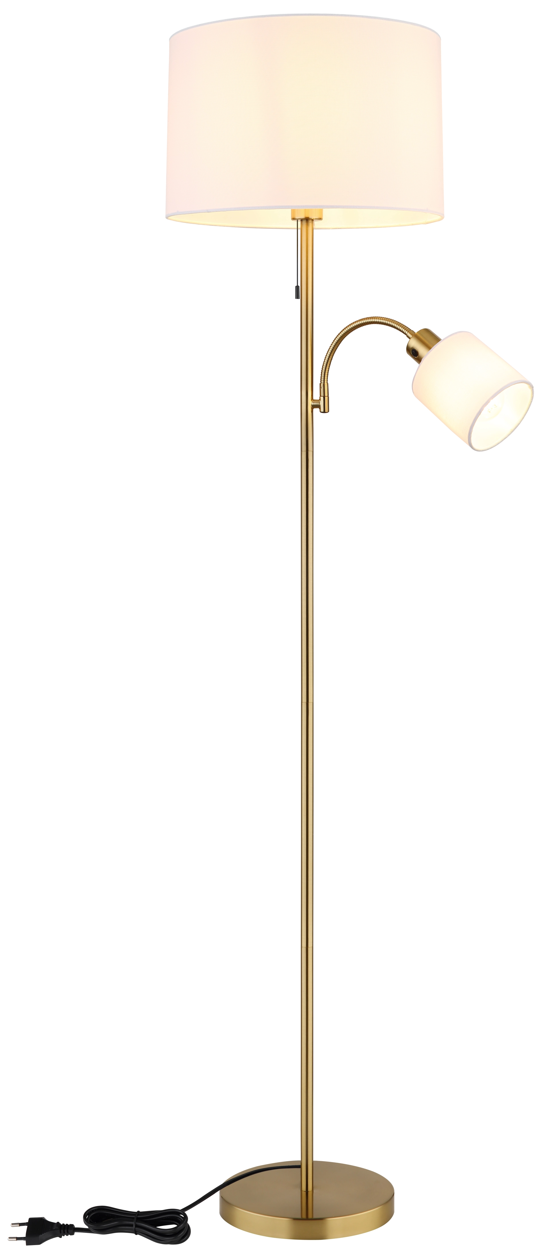 TRUETT Stehleuchte aus messingfarbigem Metall mit Leinenweißem Oberschirm und verstellbarem Leselichtkopf – Globo Handels GmbH