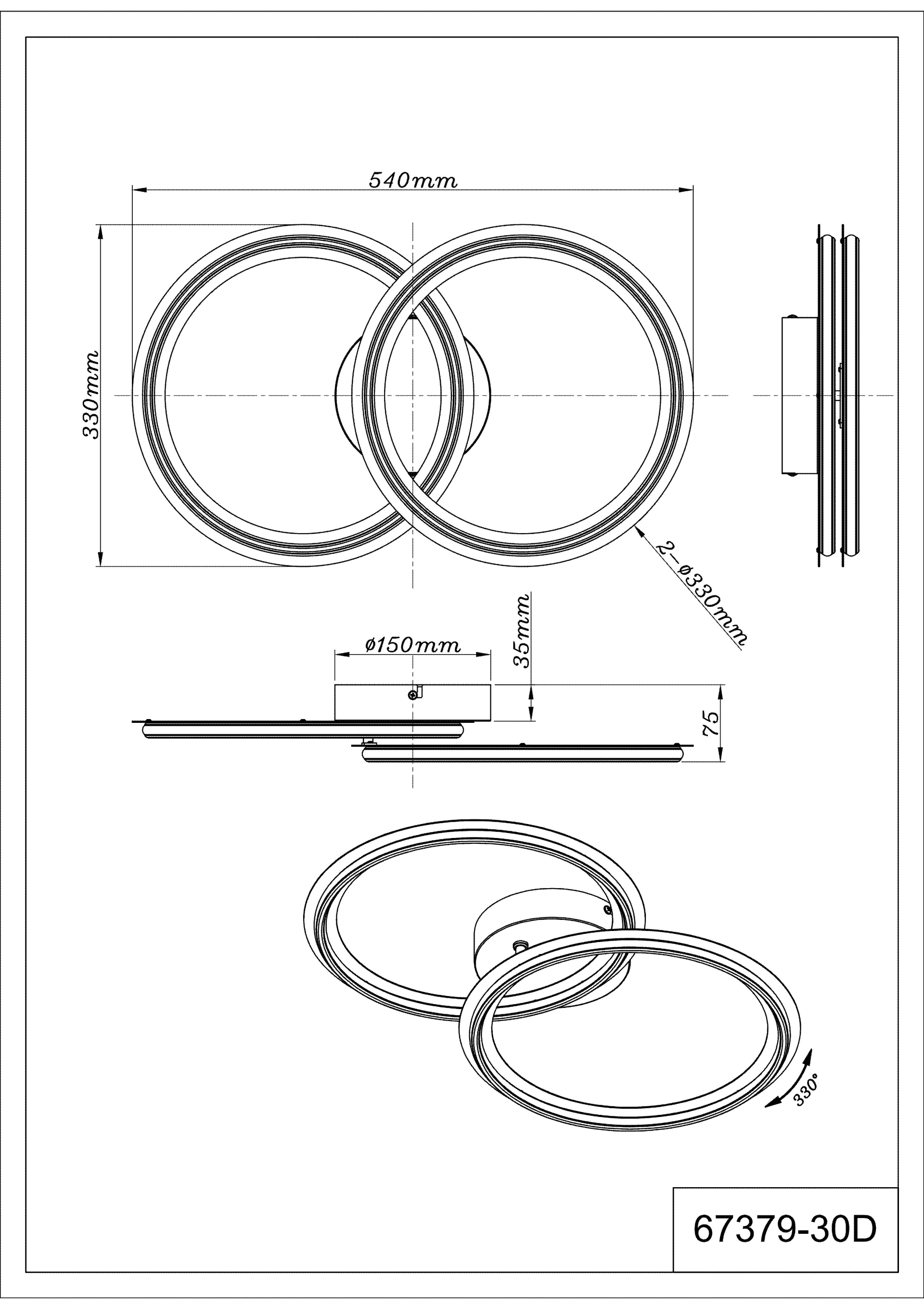 Technische Zeichnung der ELAN Deckenleuchte von Globo Handels GmbH, Modell 67379-30D: zwei drehbare LED-Ringe Ø330 mm, Breite 540 mm, Höhe 330 mm, Tiefe 75 mm, Sockel Ø150 mm, Material Metall/Aluminium schwarz-chrom matt.
