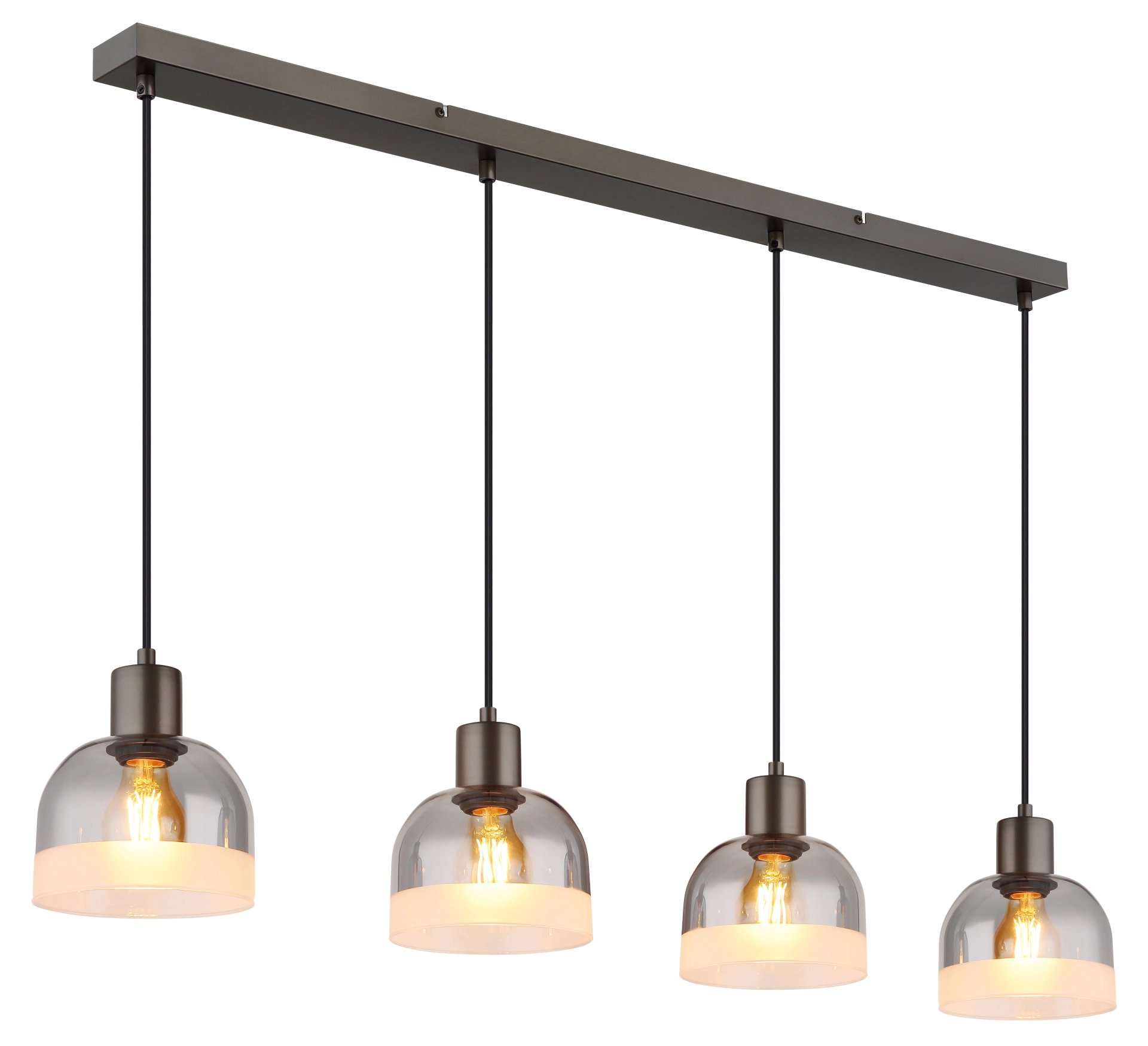 4-flammige Pendelleuchte KAIRO von Globo Handels GmbH aus Metall schwarz-chrom matt mit rauchfarbenen Glaskuppeln, Modell 54048-4H; warmes Licht, ideal über Esstisch oder Kücheninsel; Produktfoto der Leuchte in Reihe hängend