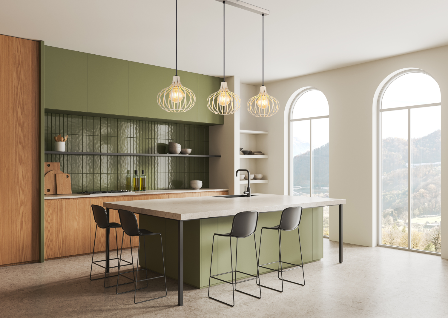 Open-plan kitchen-diner with zoning using different types of lighting