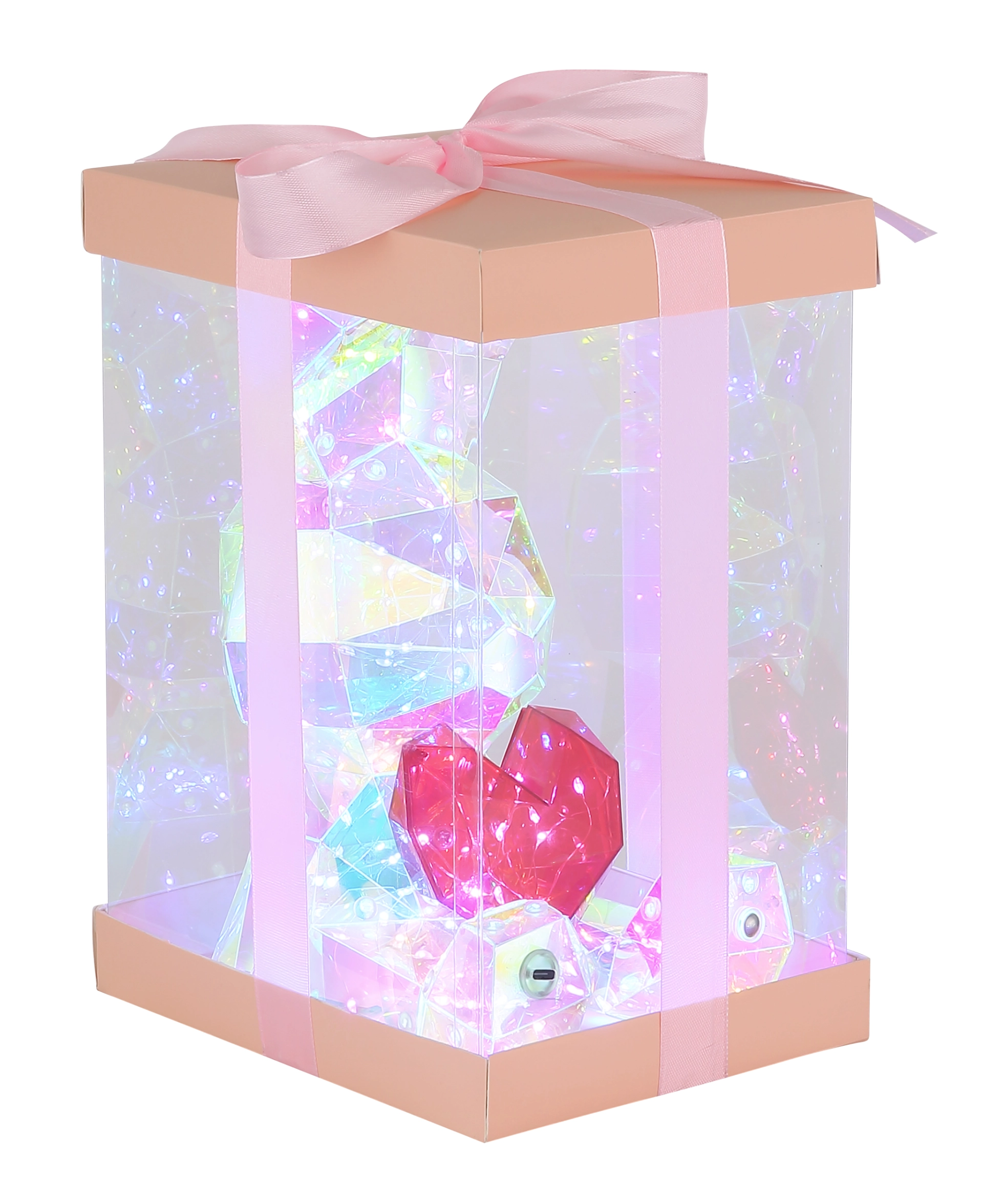 BRONDAR Tischleuchte in Geschenkbox-Optik mit LED, Kunststoff klar Kristall Effekt und rotem Herz, dekorative Lampe für Wohnraum; Hersteller Globo Handels GmbH, Artikel 28099.