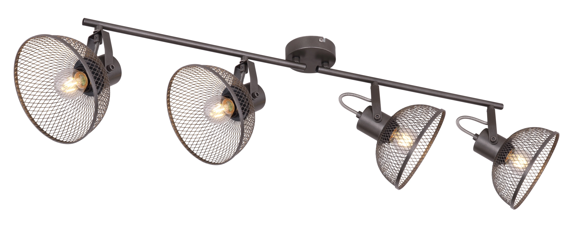 MONIGA vierflammiger Deckenstrahler von Globo Handels GmbH: 93,6-cm-Schiene mit verstellbaren Metall-Mesh-Schirmen im antiken Industrie-Rostdesign, bestückbar mit 4x E27 Leuchtmitteln (max. 40W).